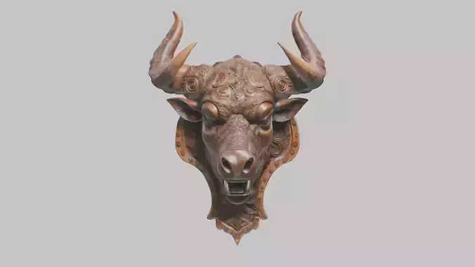 Carved Wooden Bull Head Wall Mount Low-poly 3D model