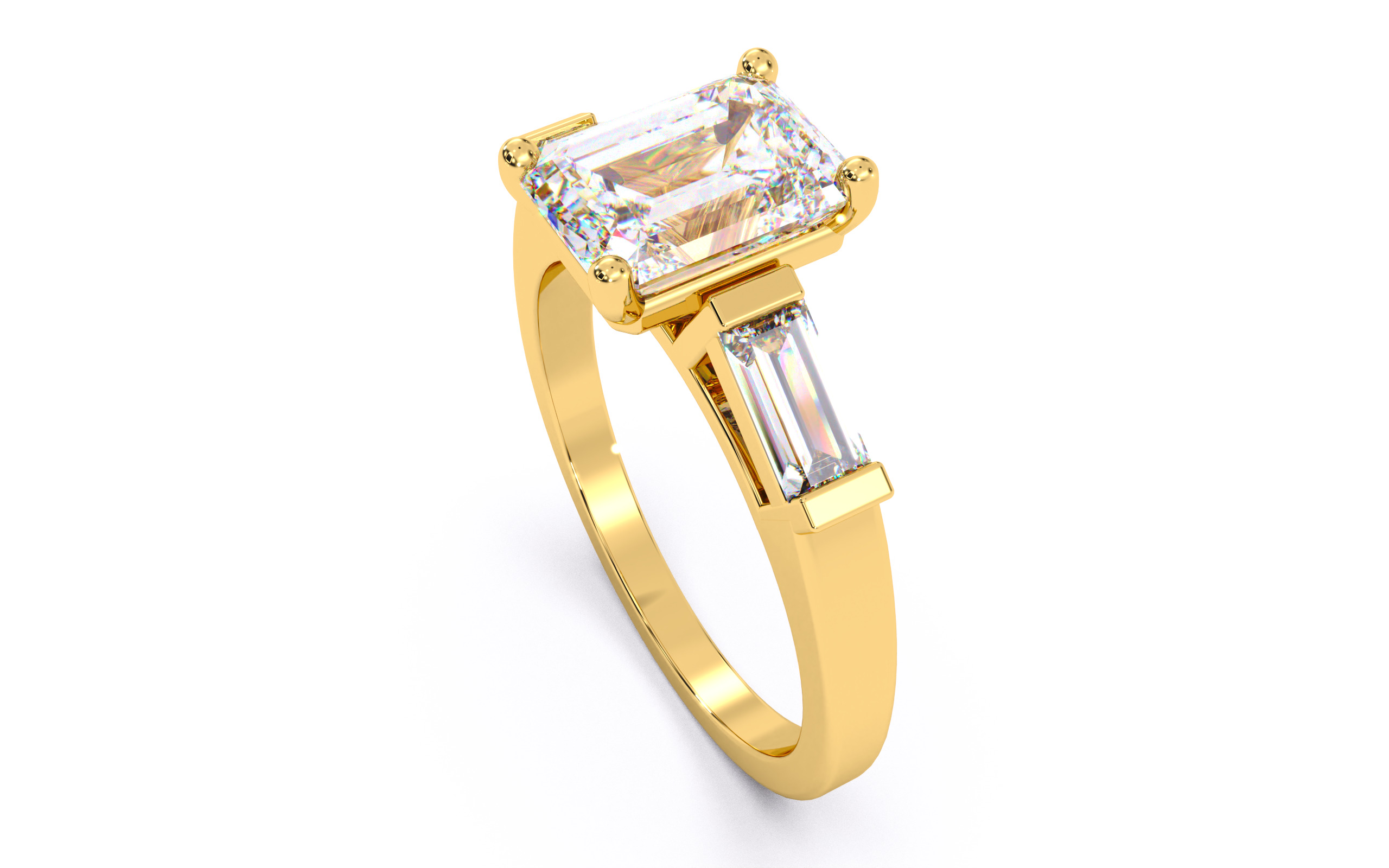 Emerald Diamond Trio Solitaire Ring 3D print model 3D print model_6