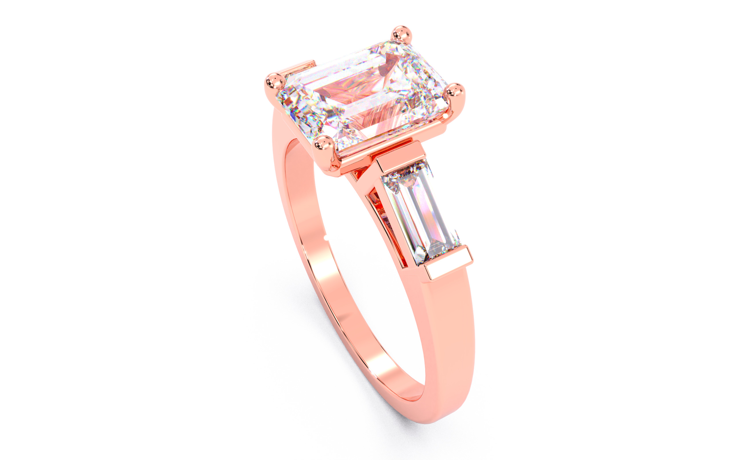 Emerald Diamond Trio Solitaire Ring 3D print model 3D print model_11