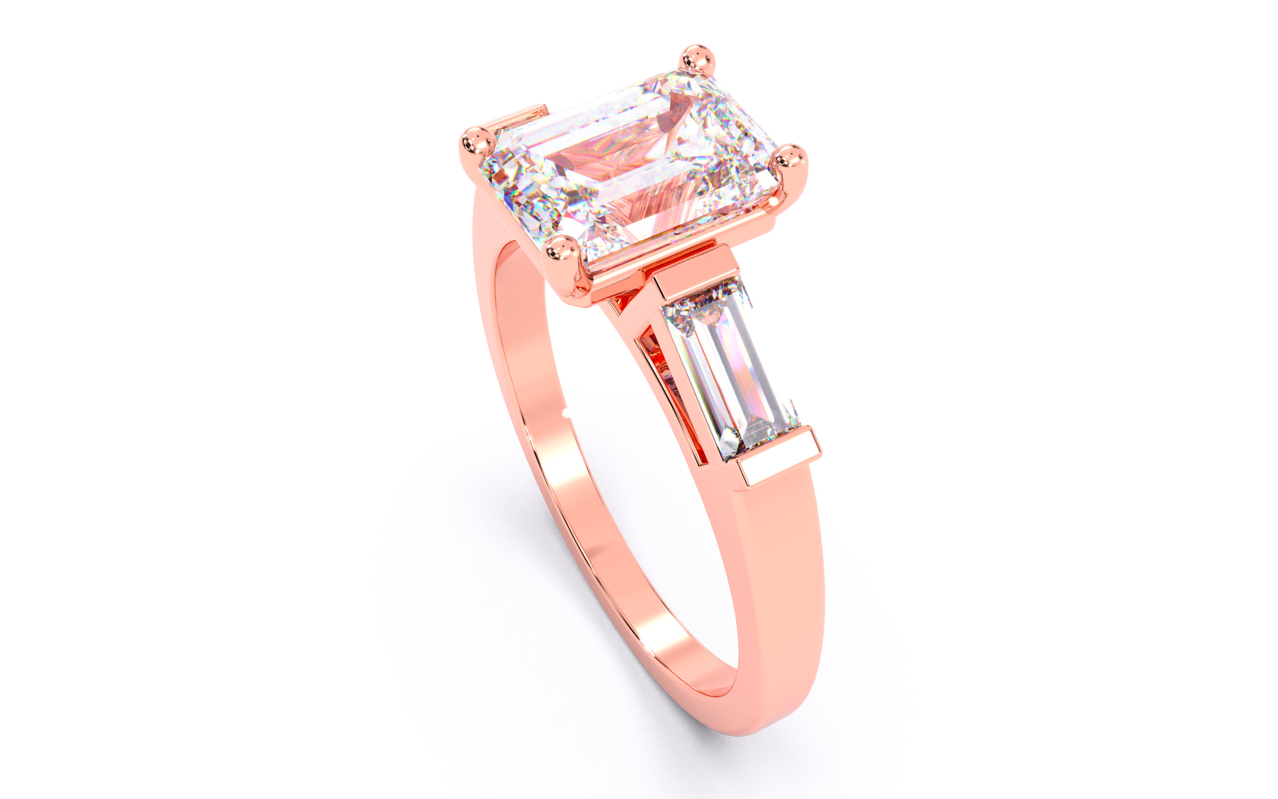 Emerald Diamond Trio Solitaire Ring 3D print model 3D print model_10