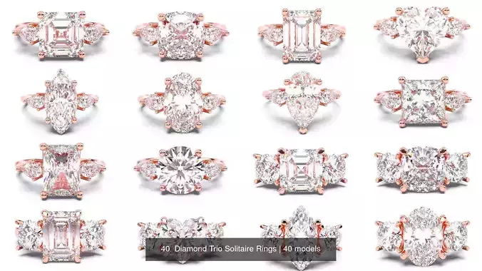 40  Diamond Trio Solitaire Rings 3D Model Collection