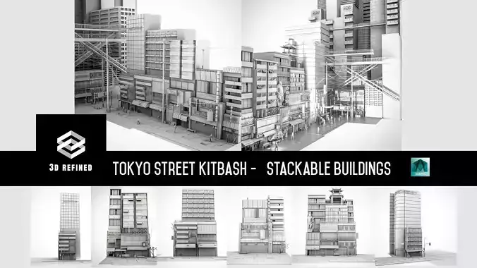 Tokyo Street Building Assets kidbash set Low-poly 3D model