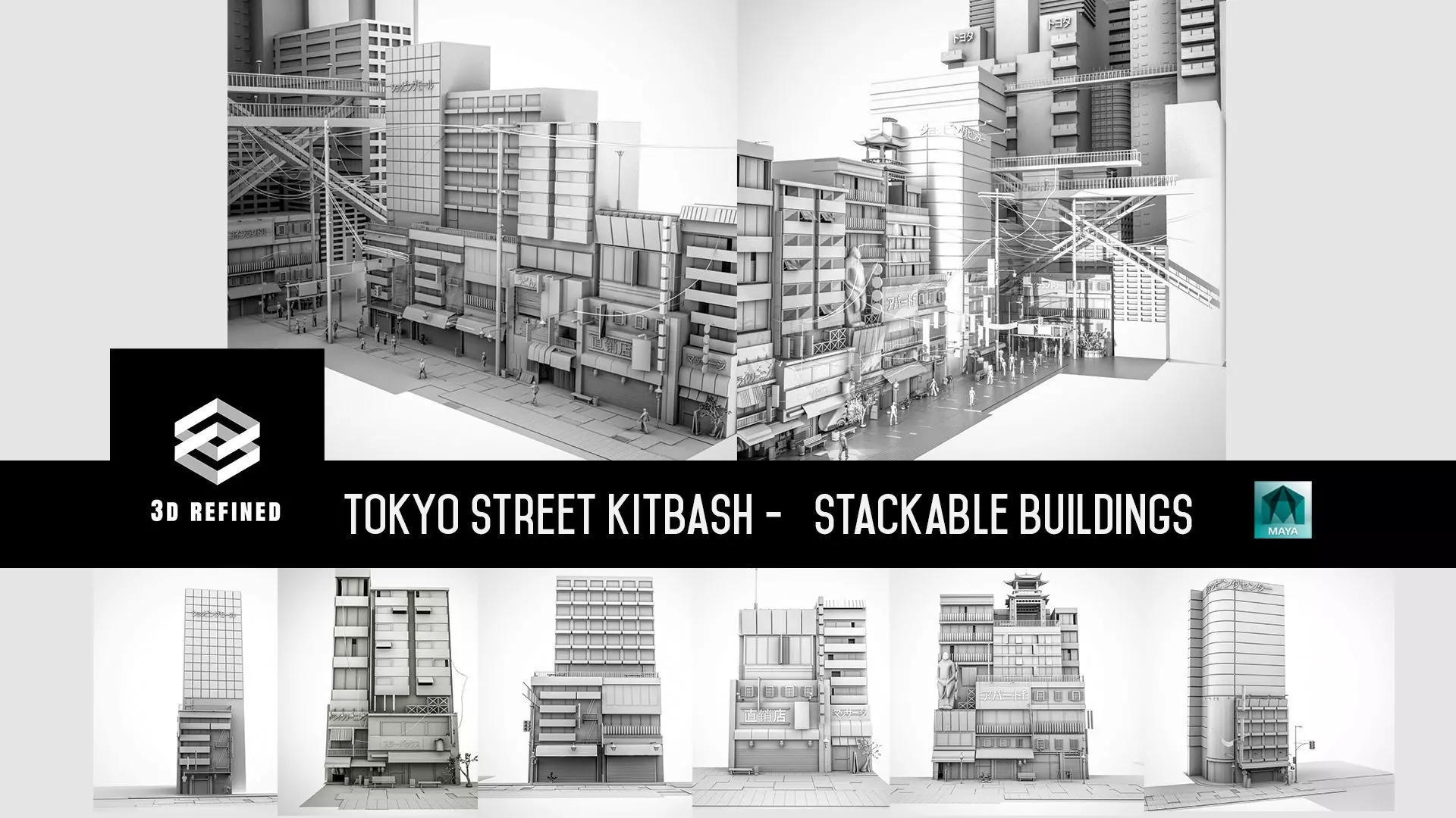 Tokyo Street Building Assets kidbash set Low-poly 3D model_0