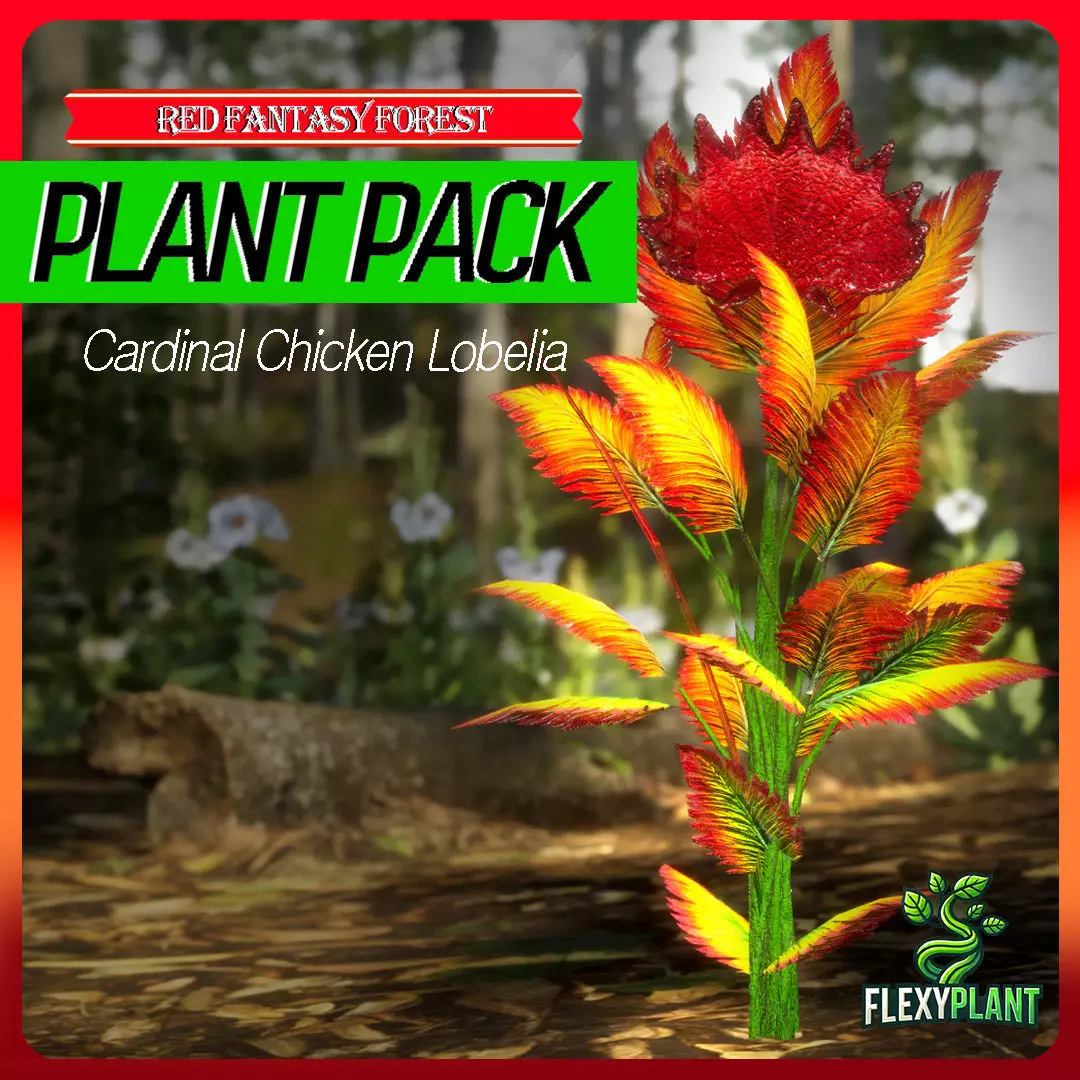 Red Fantasy Forest - 6 Cardinal Chicken Lobelia Fern Grass Plant Low-poly 3D model