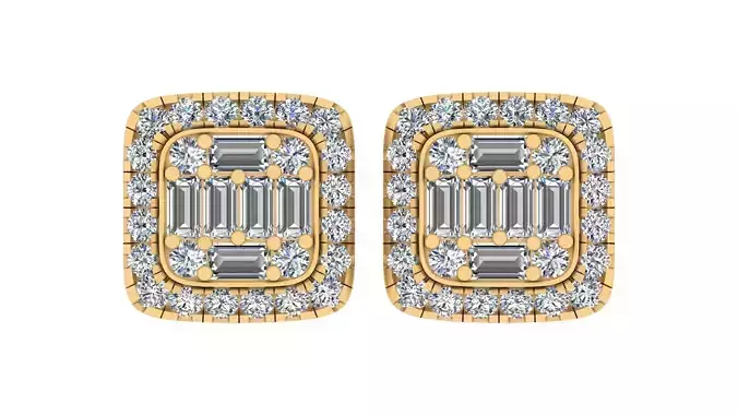 Square Halo Baguette And Round Diamond Stud Earrings