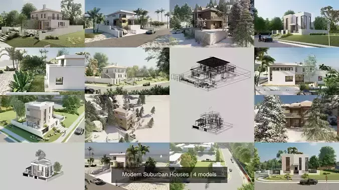Modern Suburban Houses 3D Model Collection Modern Suburban Houses 3D Model Collection