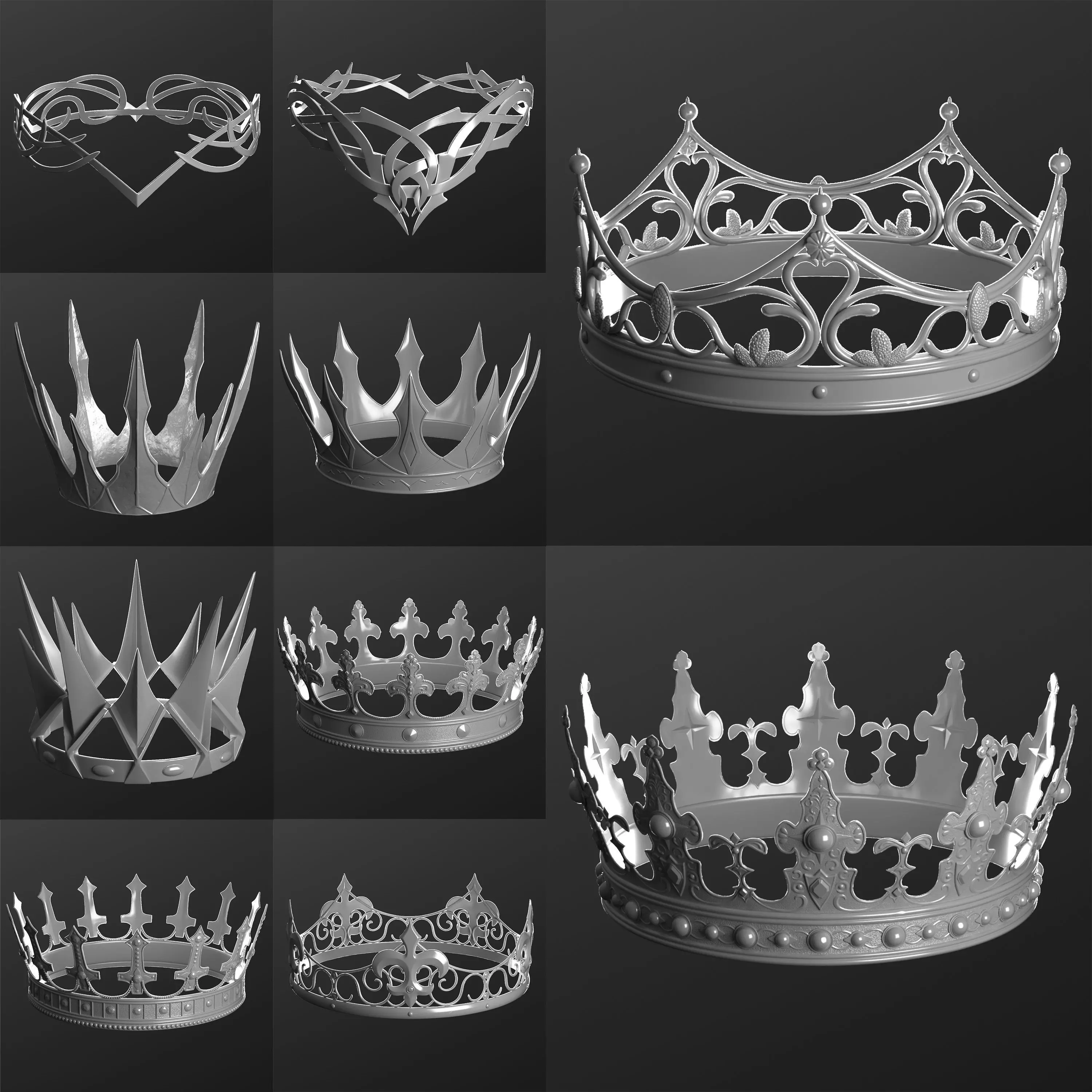 Realistic Crowns set 2 ornate ring 3D model_0