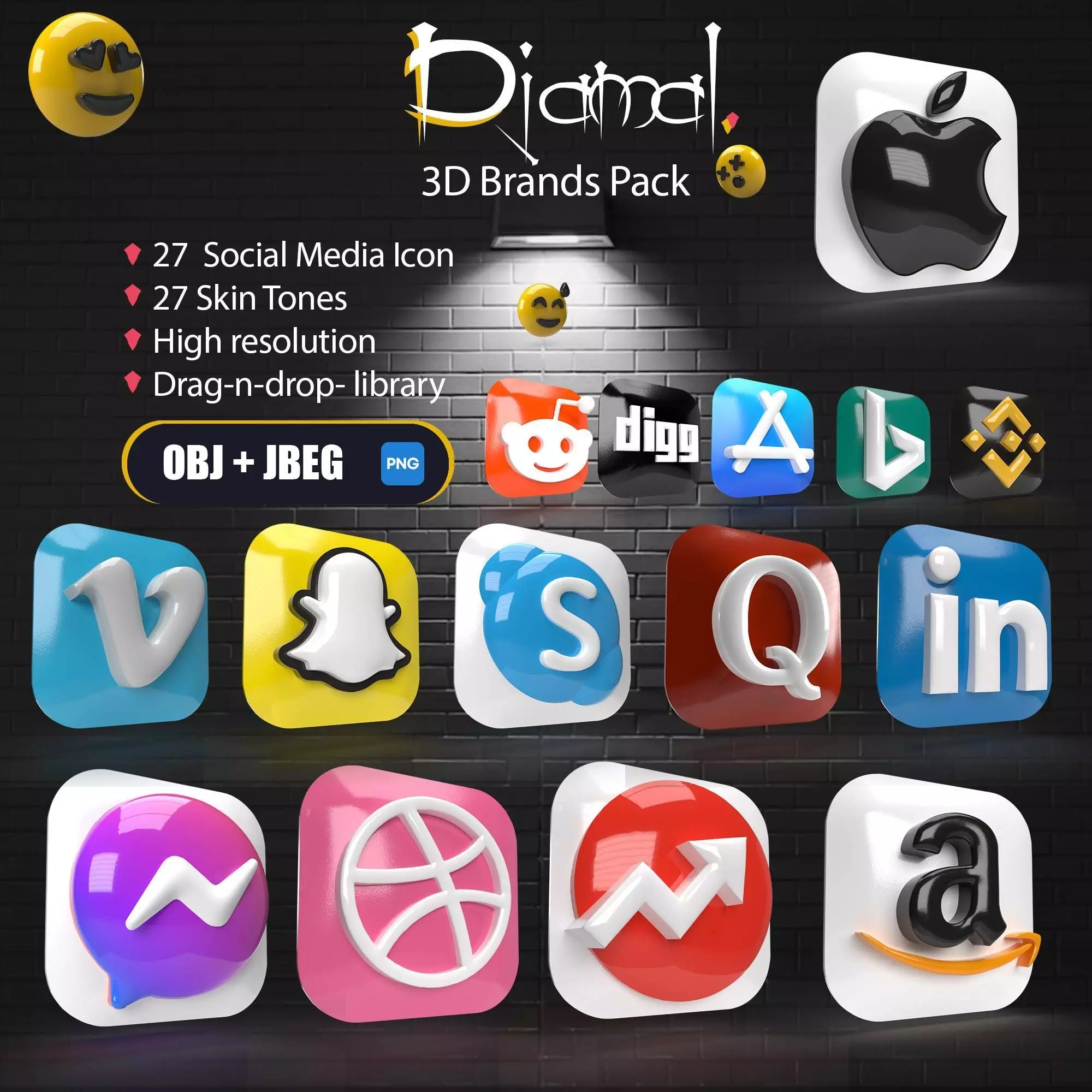 Modern 3D social media icons set  OBJ-GLB-GLTF  Social Network 3D model_0