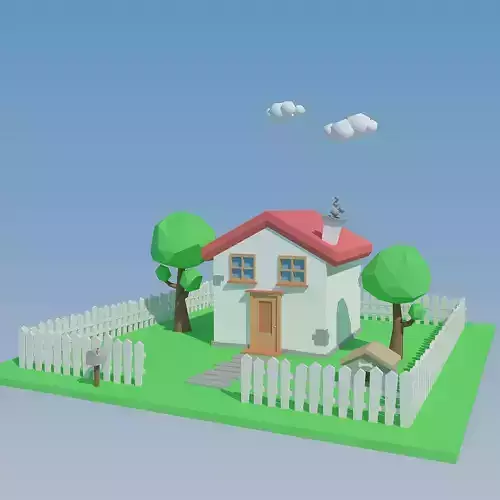 Low Poly House with fence and trees