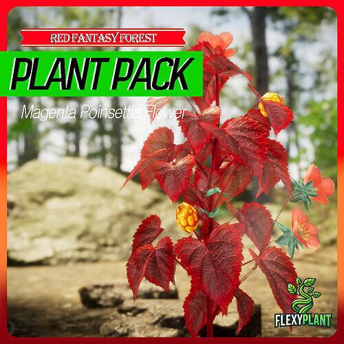 Red Fantasy Forest - 6 Magenta Poinsettia Flower Grass Plant Low-poly 3D model