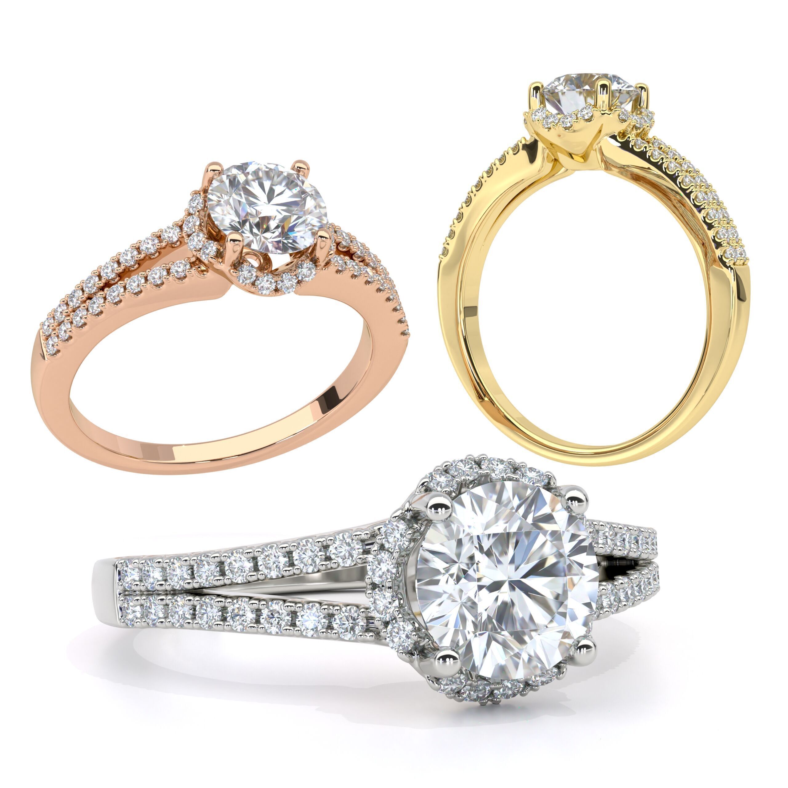 Split Shank With Round Cut Halo Diamond Ring 3D print model_1