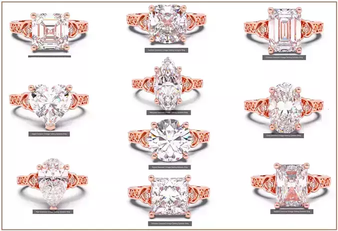 10 Diamond Shapes in Vintage Setting Solitaire rings