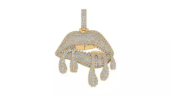 Dripping Diamond Lips Gold Pendant