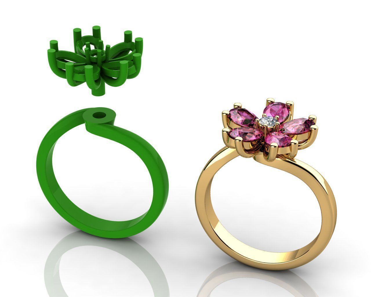 Diamond and Sapphire Flower Ring 3D print model_2