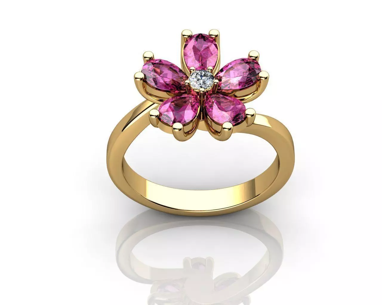 Diamond and Sapphire Flower Ring 3D print model_0