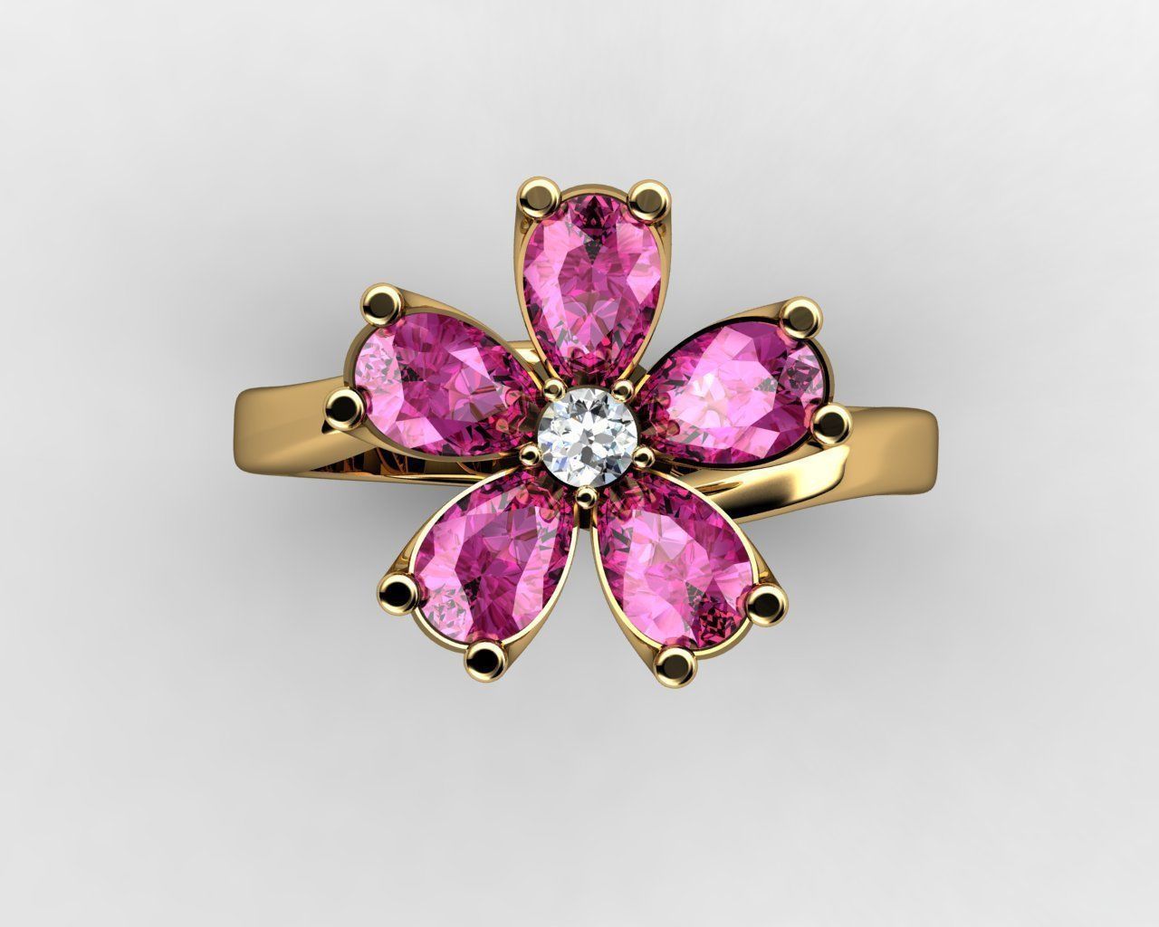 Diamond and Sapphire Flower Ring 3D print model_1