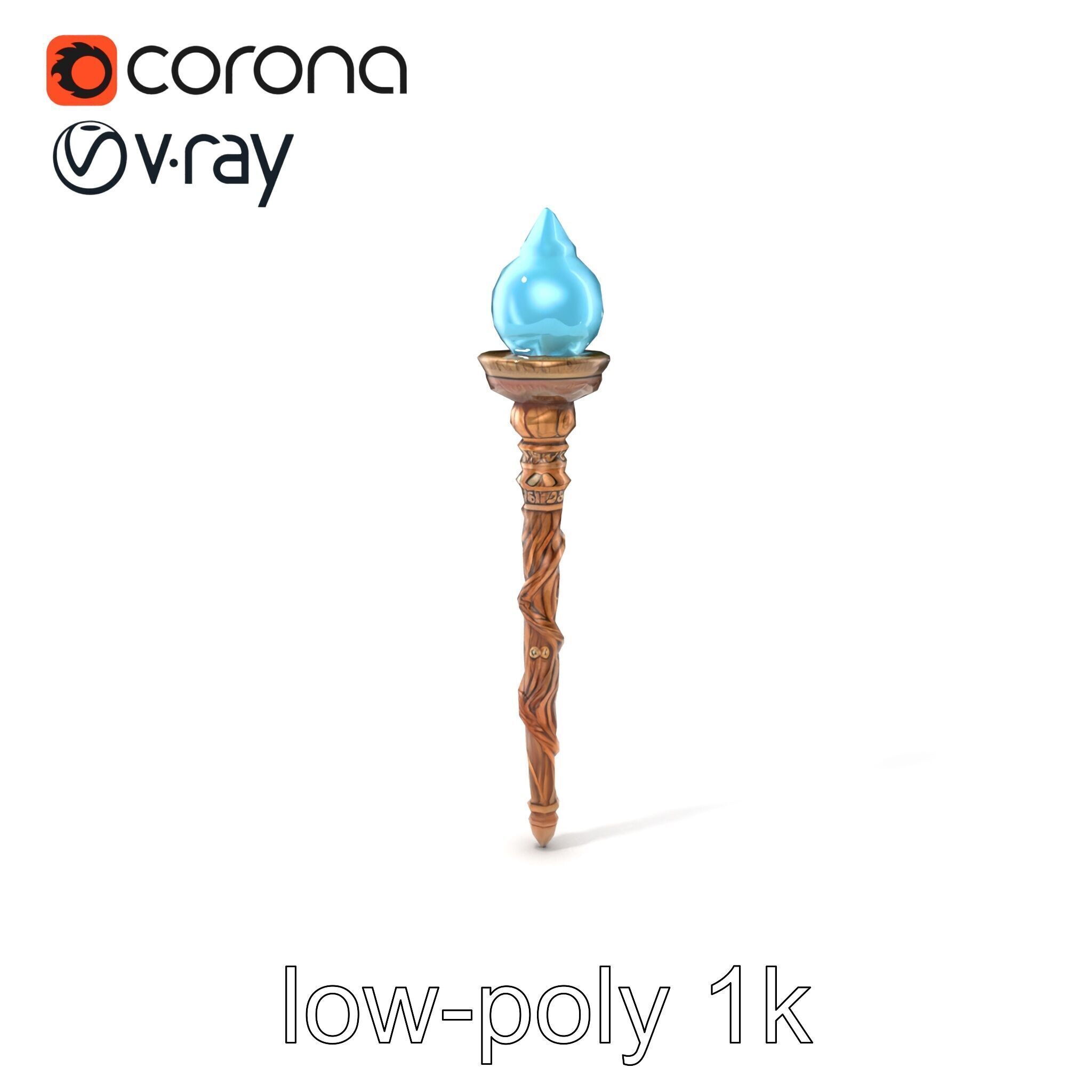 Enchanted Runic Oak Staff with Glowing Crystal Orb model pack Low-poly 3D model_5