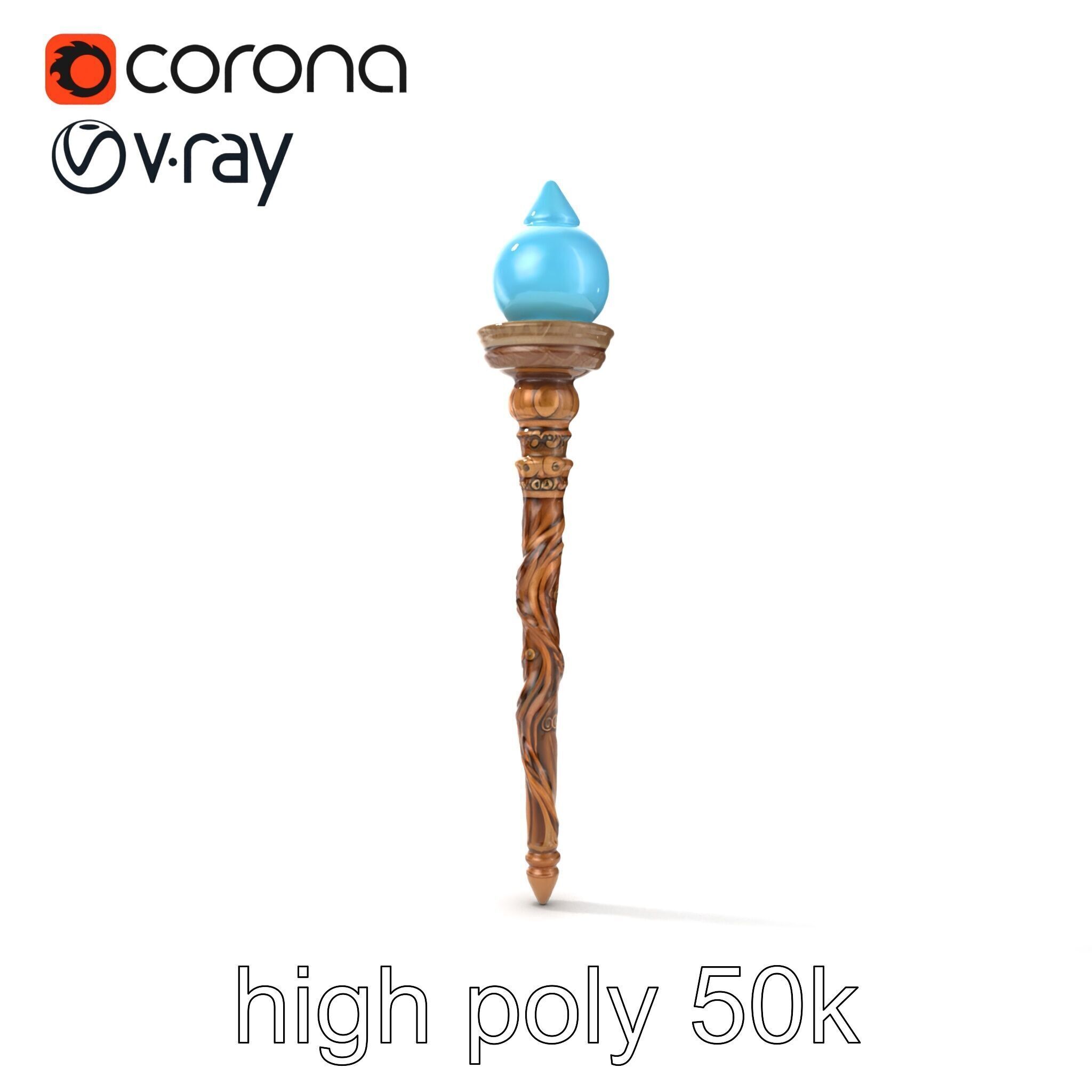 Enchanted Runic Oak Staff with Glowing Crystal Orb model pack Low-poly 3D model_32