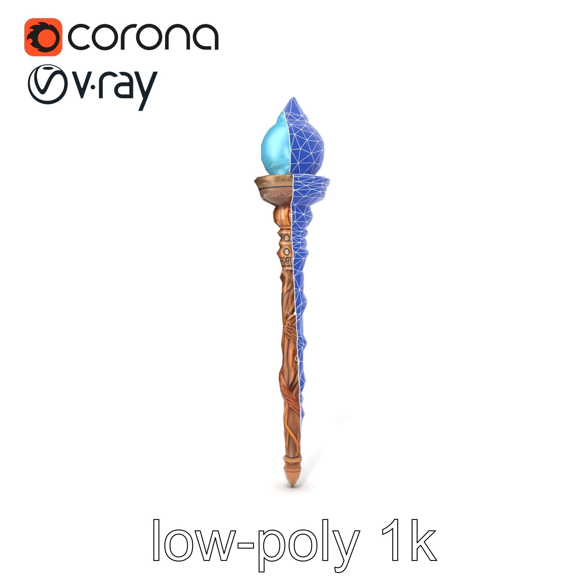 Enchanted Runic Oak Staff with Glowing Crystal Orb model pack Low-poly 3D model_18
