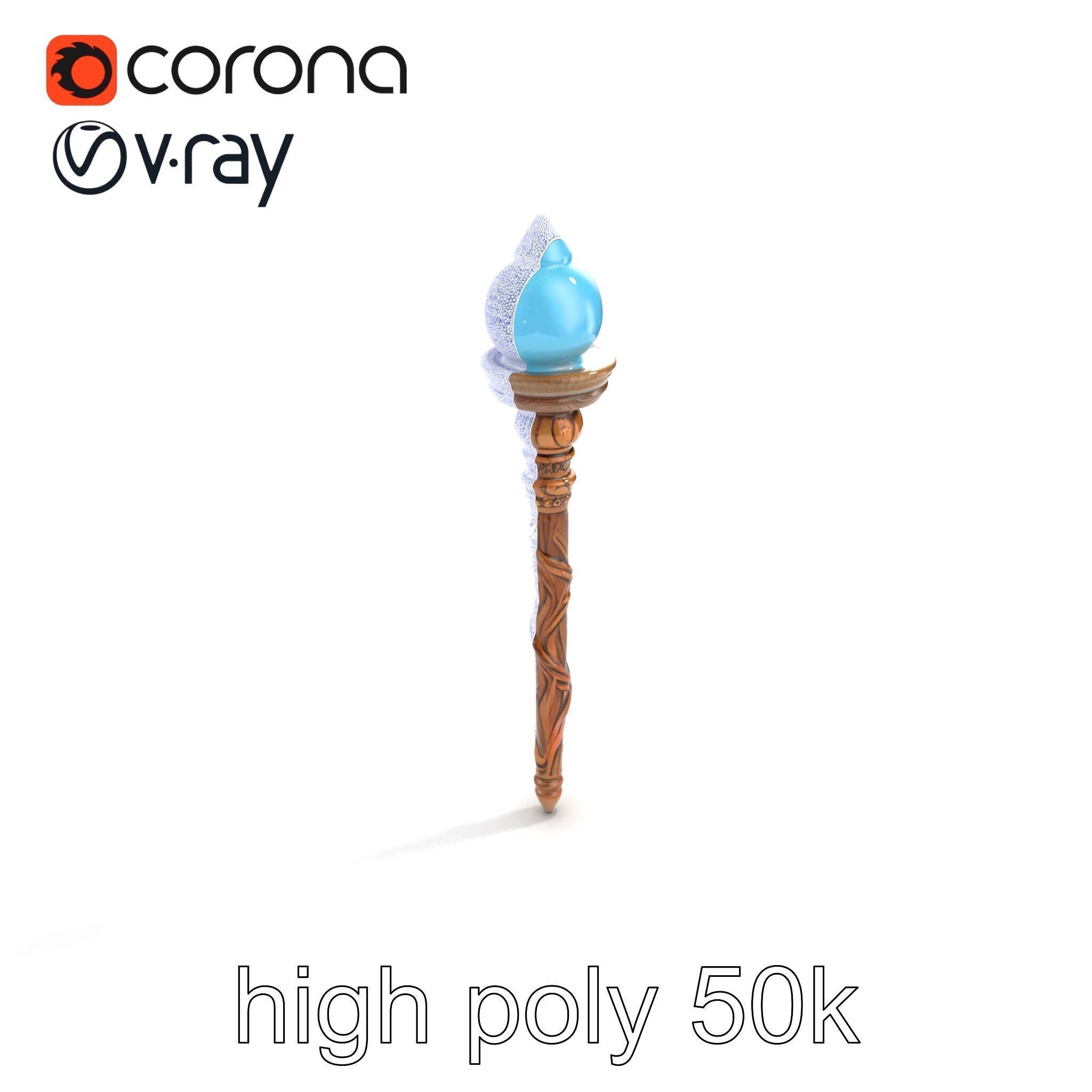 Enchanted Runic Oak Staff with Glowing Crystal Orb model pack Low-poly 3D model_12