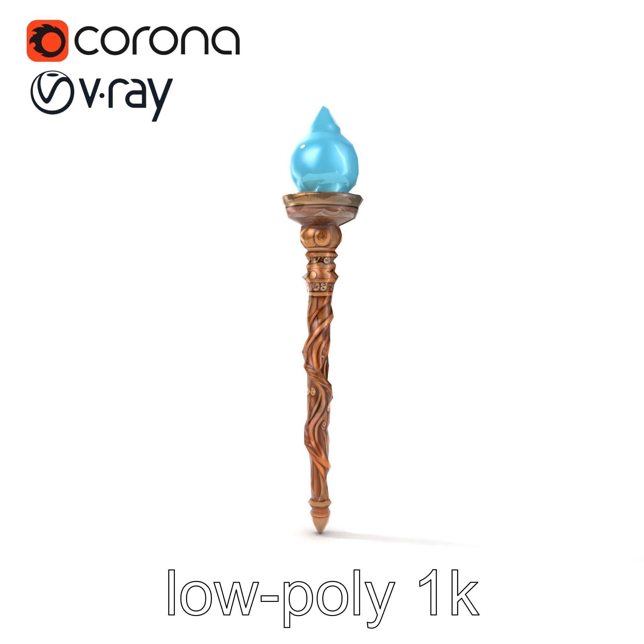 Enchanted Runic Oak Staff with Glowing Crystal Orb model pack Low-poly 3D model_16