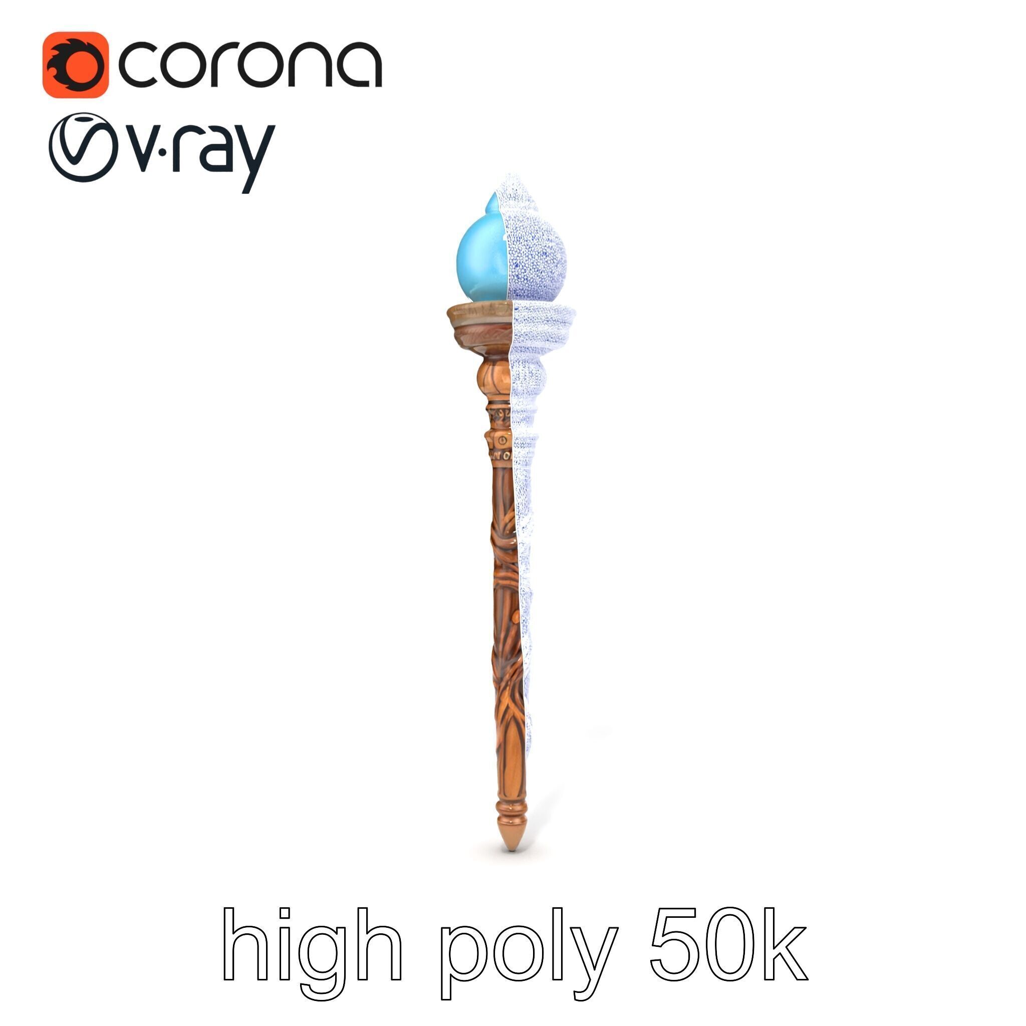 Enchanted Runic Oak Staff with Glowing Crystal Orb model pack Low-poly 3D model_31