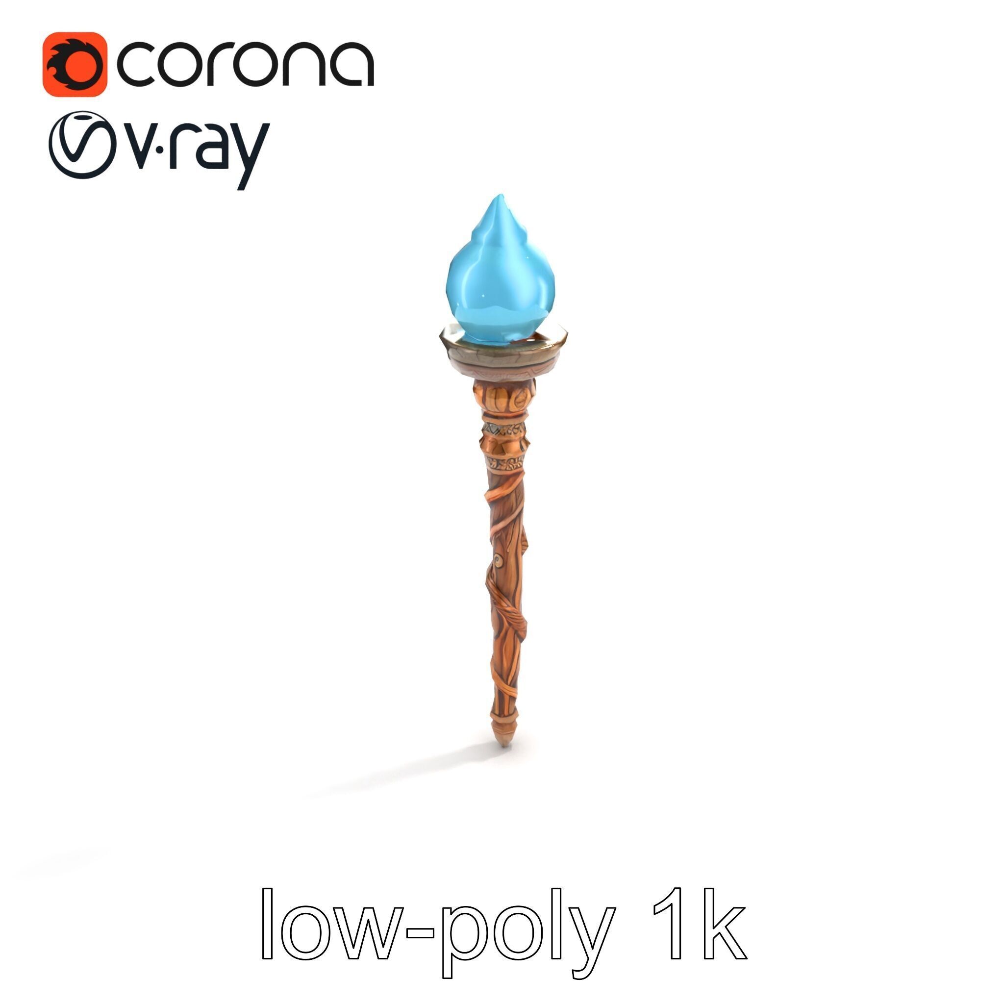 Enchanted Runic Oak Staff with Glowing Crystal Orb model pack Low-poly 3D model_9