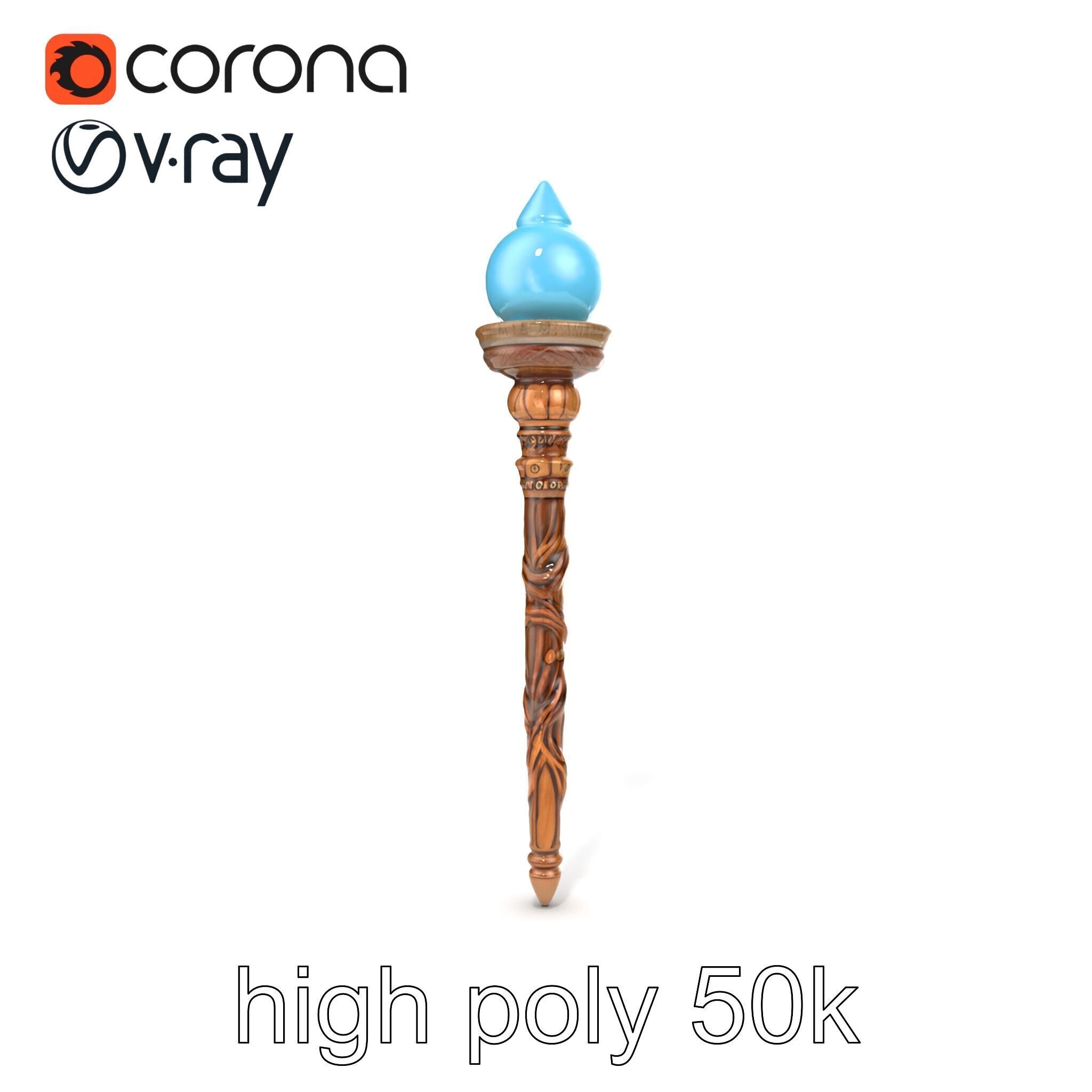 Enchanted Runic Oak Staff with Glowing Crystal Orb model pack Low-poly 3D model_25