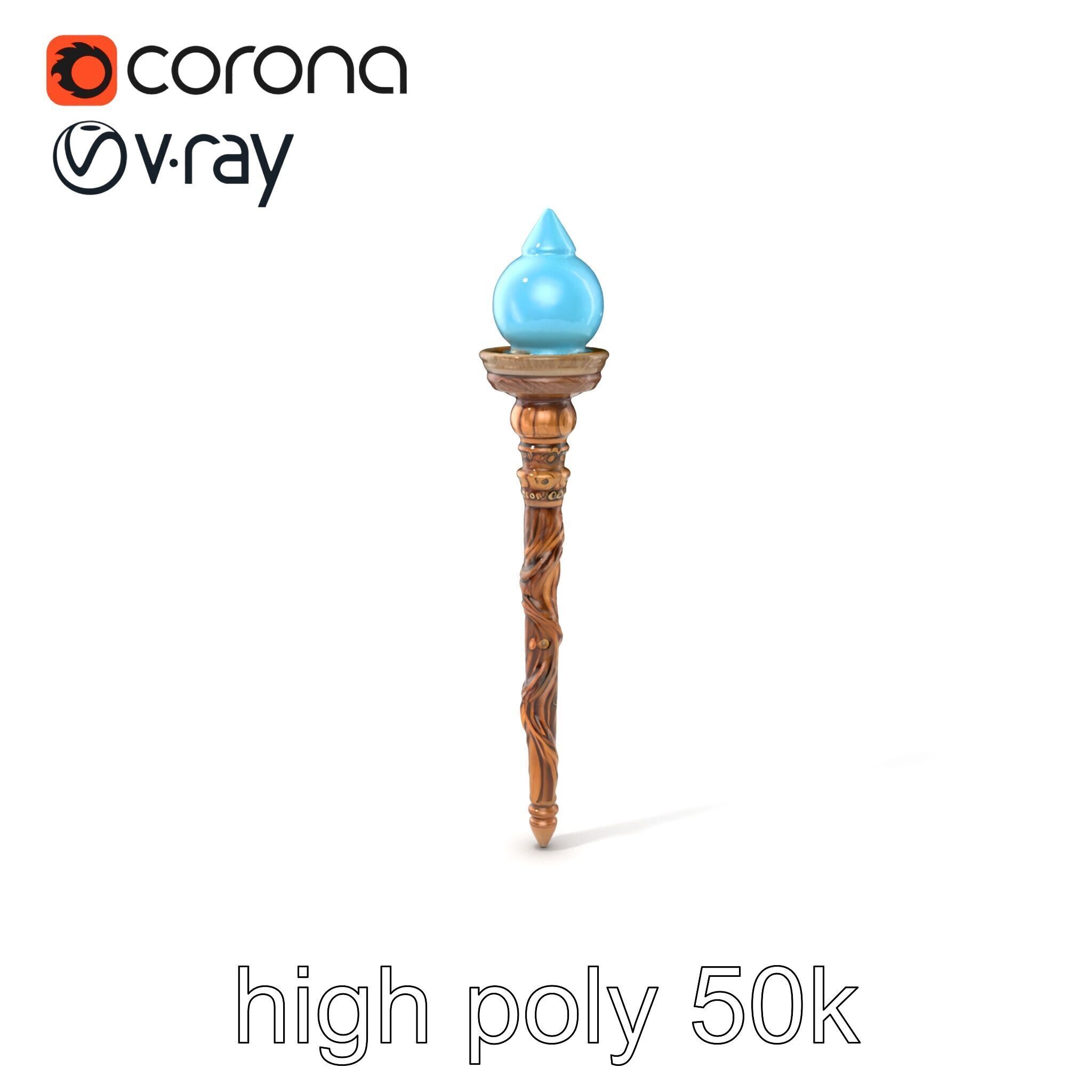 Enchanted Runic Oak Staff with Glowing Crystal Orb model pack Low-poly 3D model_2