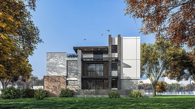 Modern two storey house 3D model 4