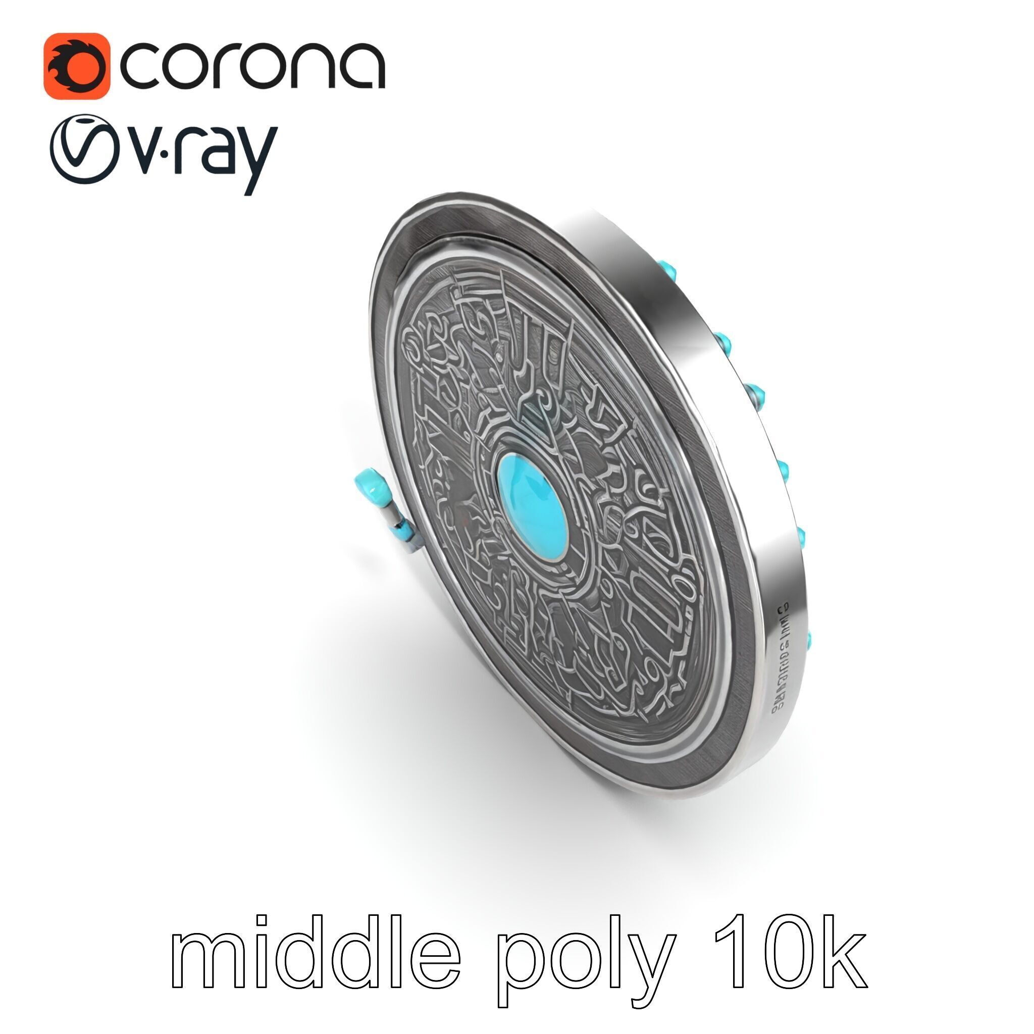 Magical Silver Shield with Turquoise Gemstones model pack Low-poly 3D model_22