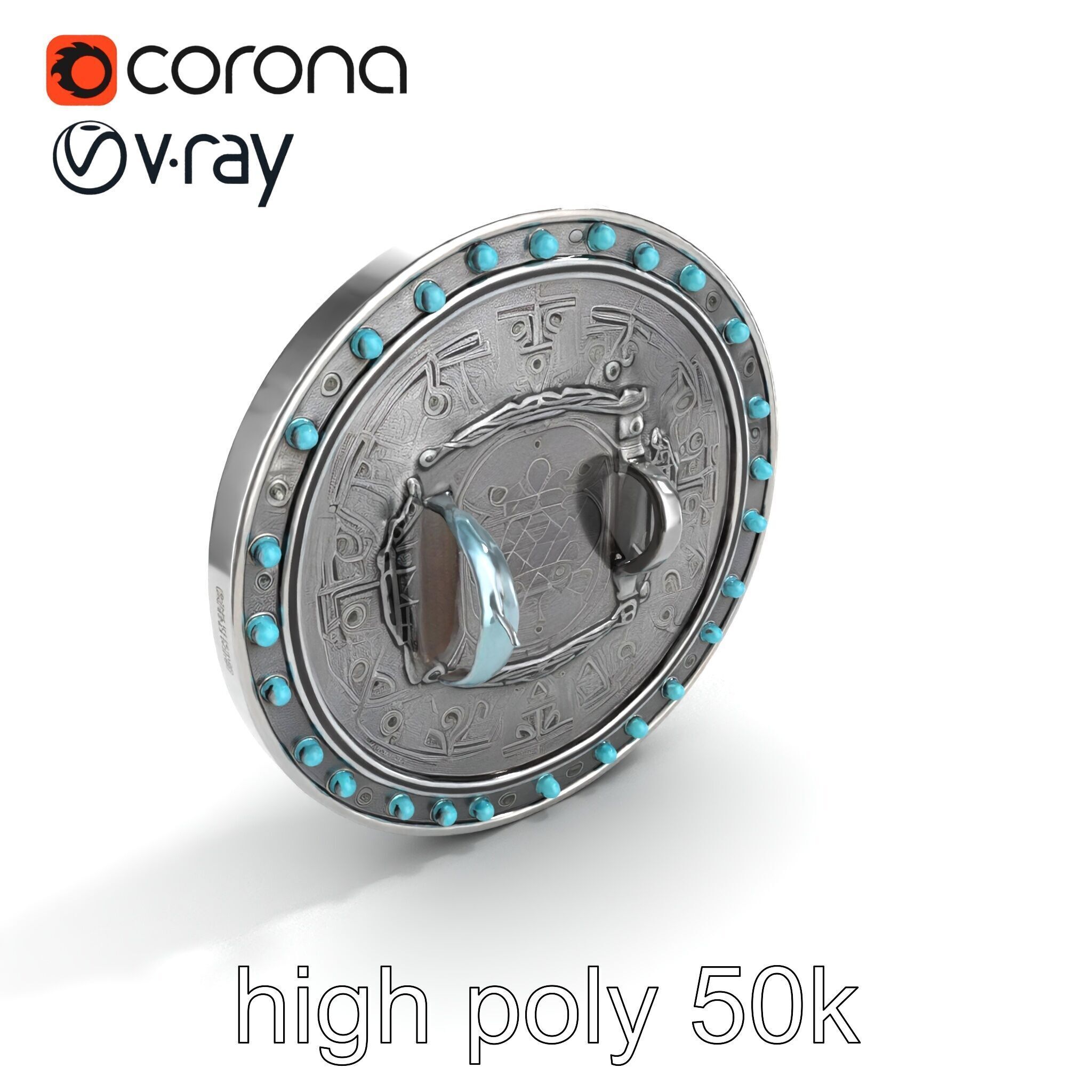 Magical Silver Shield with Turquoise Gemstones model pack Low-poly 3D model_17