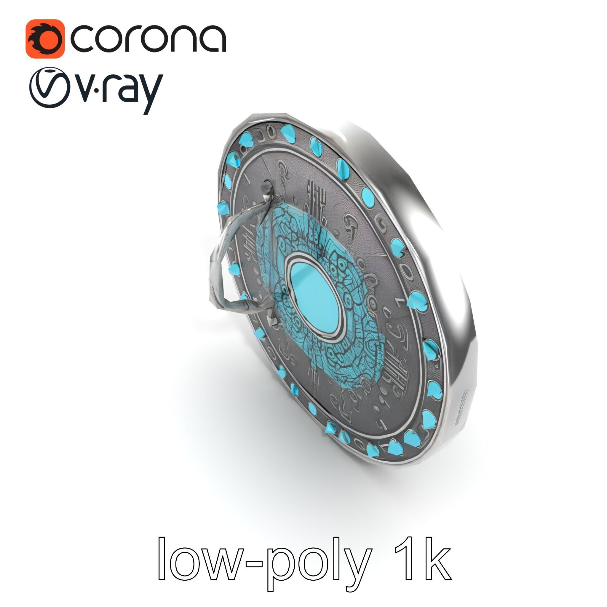 Magical Silver Shield with Turquoise Gemstones model pack Low-poly 3D model_11