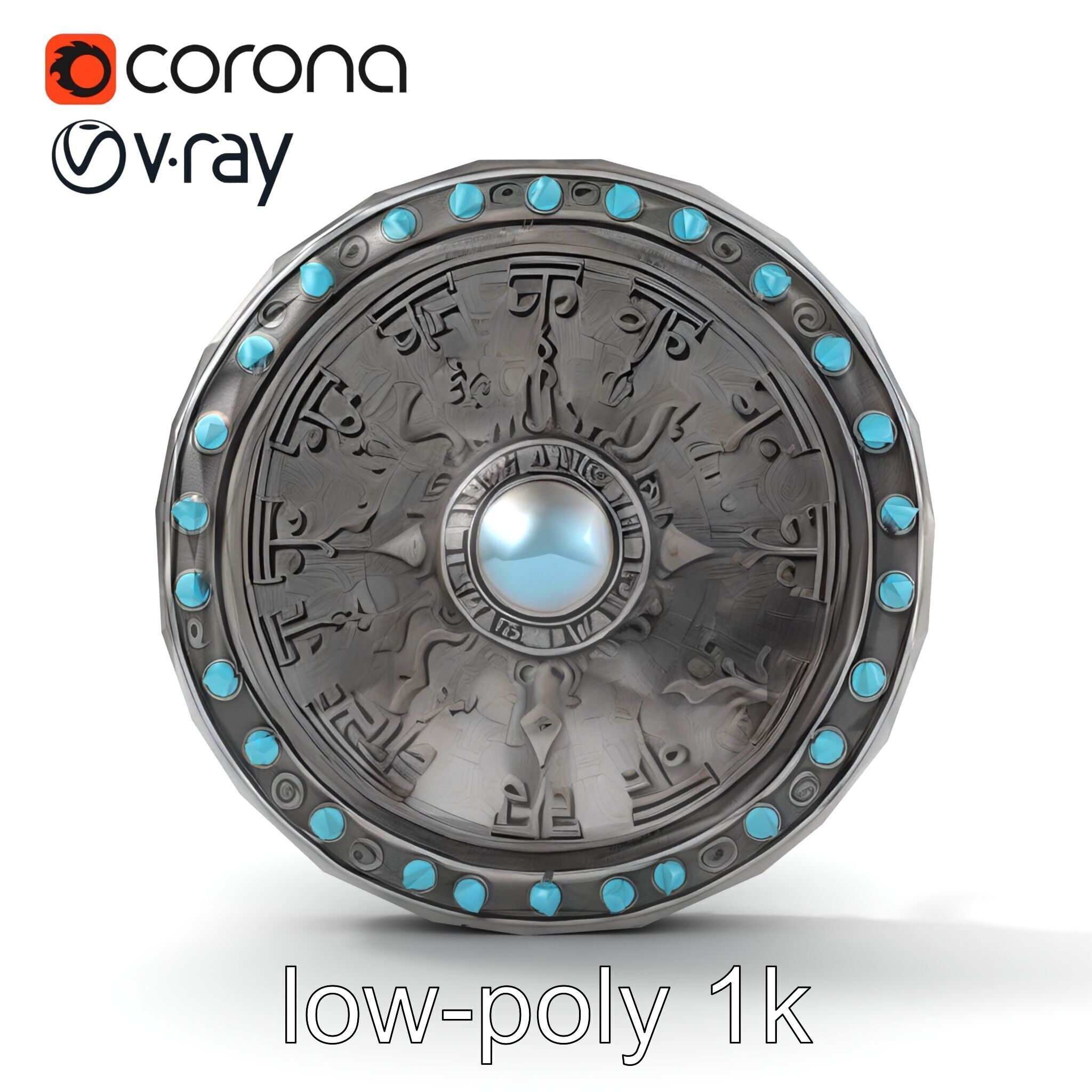 Magical Silver Shield with Turquoise Gemstones model pack Low-poly 3D model_15