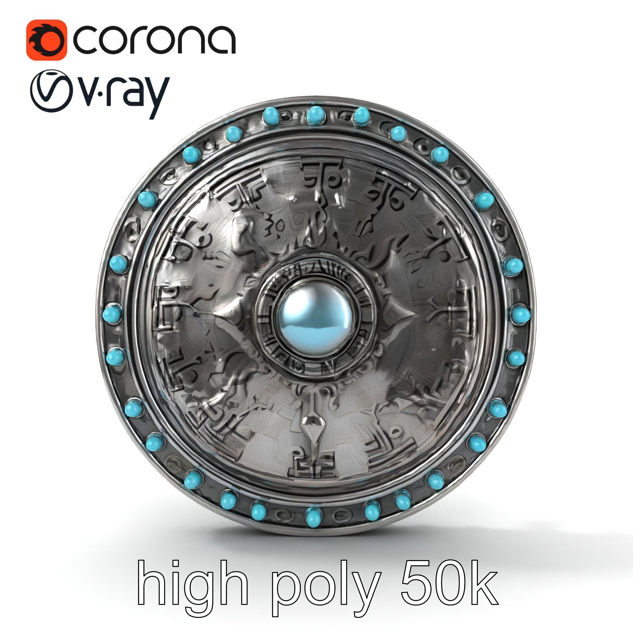Magical Silver Shield with Turquoise Gemstones model pack Low-poly 3D model_27