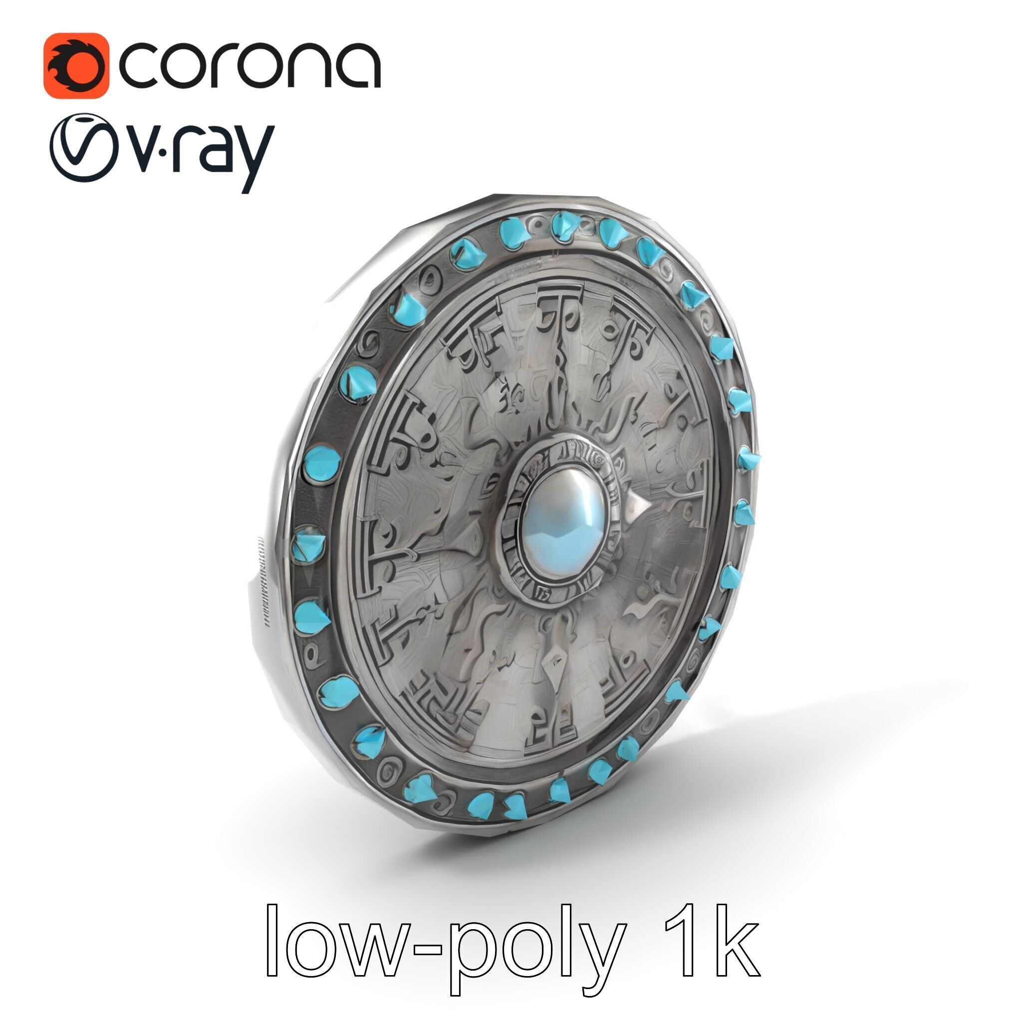 Magical Silver Shield with Turquoise Gemstones model pack Low-poly 3D model_5