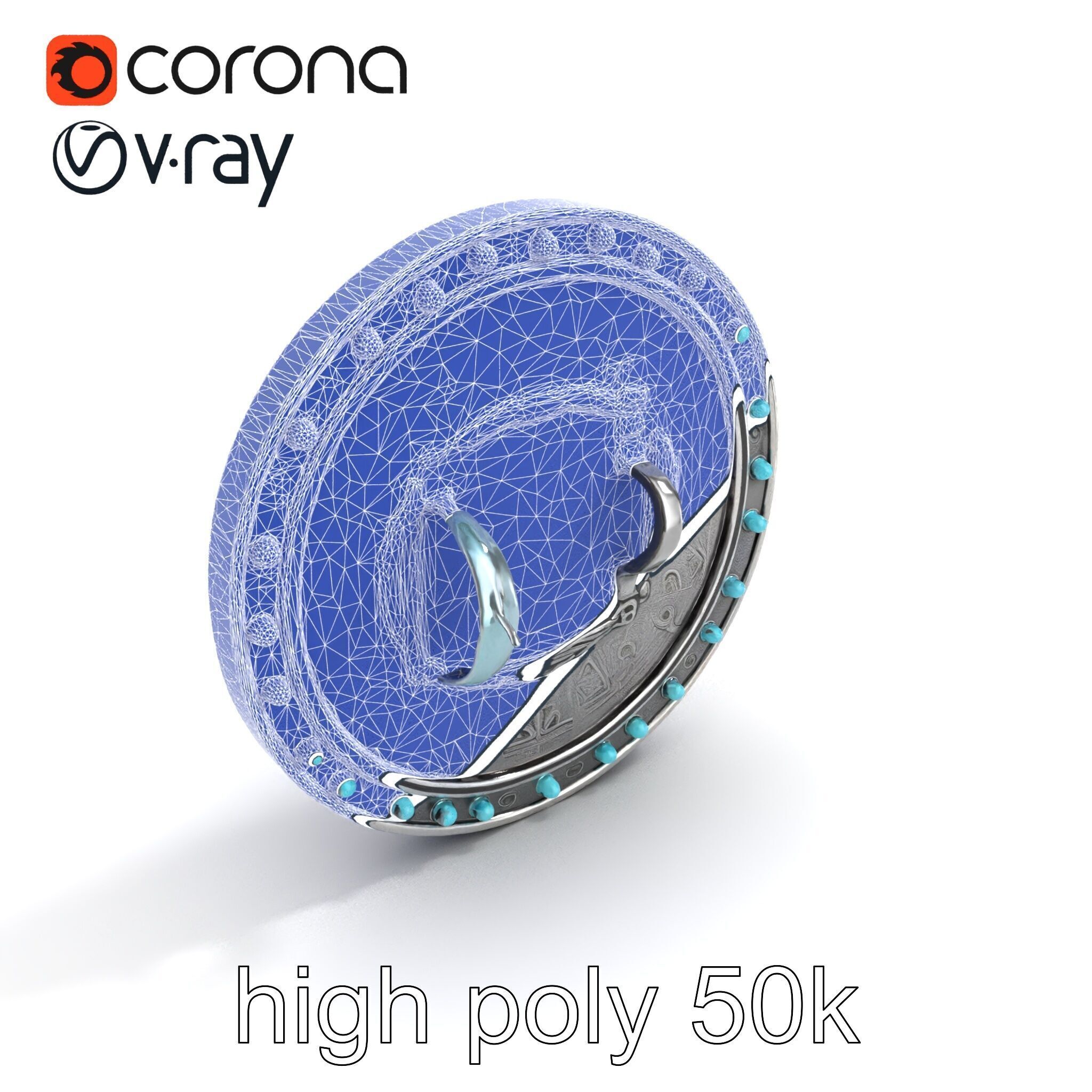 Magical Silver Shield with Turquoise Gemstones model pack Low-poly 3D model_32