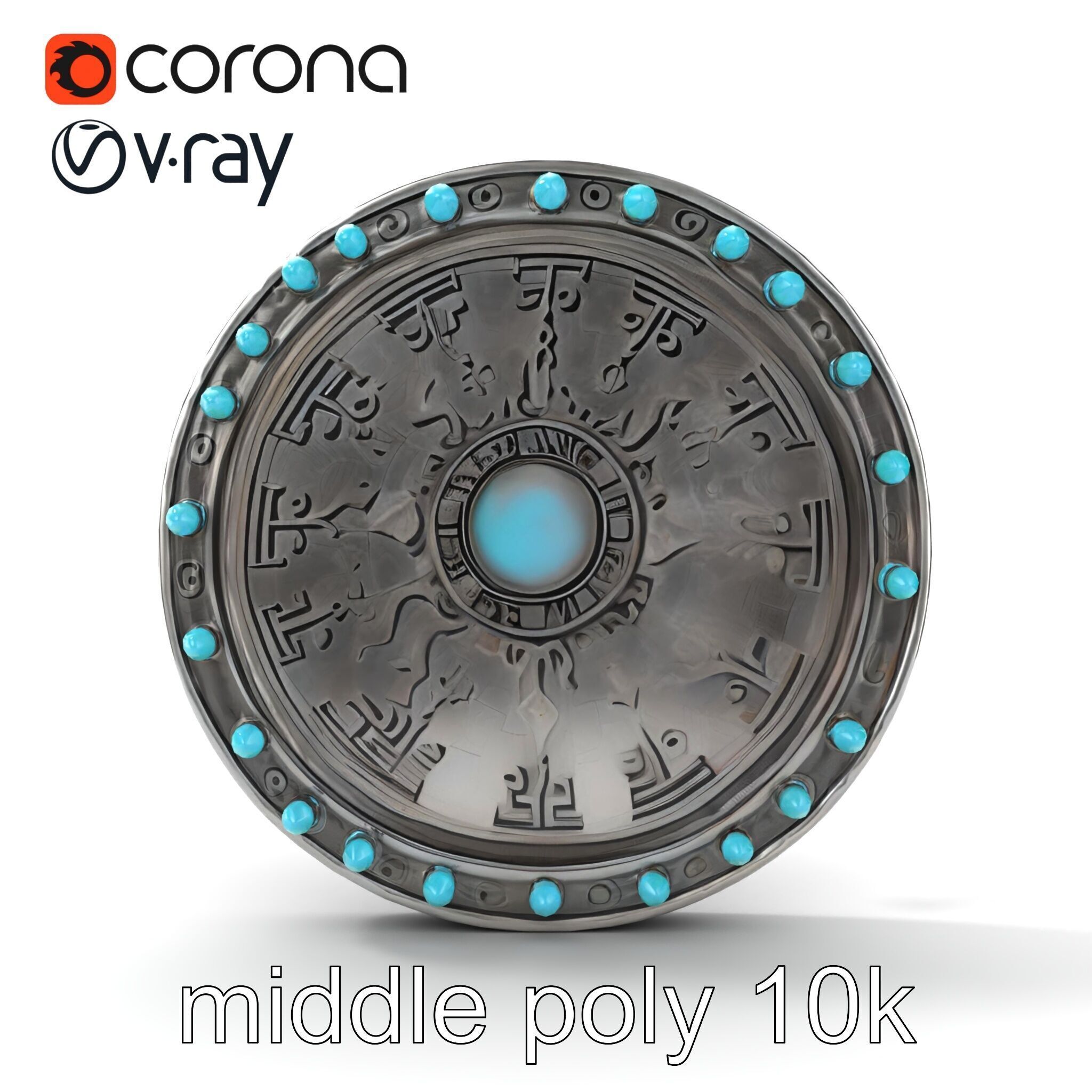 Magical Silver Shield with Turquoise Gemstones model pack Low-poly 3D model_26