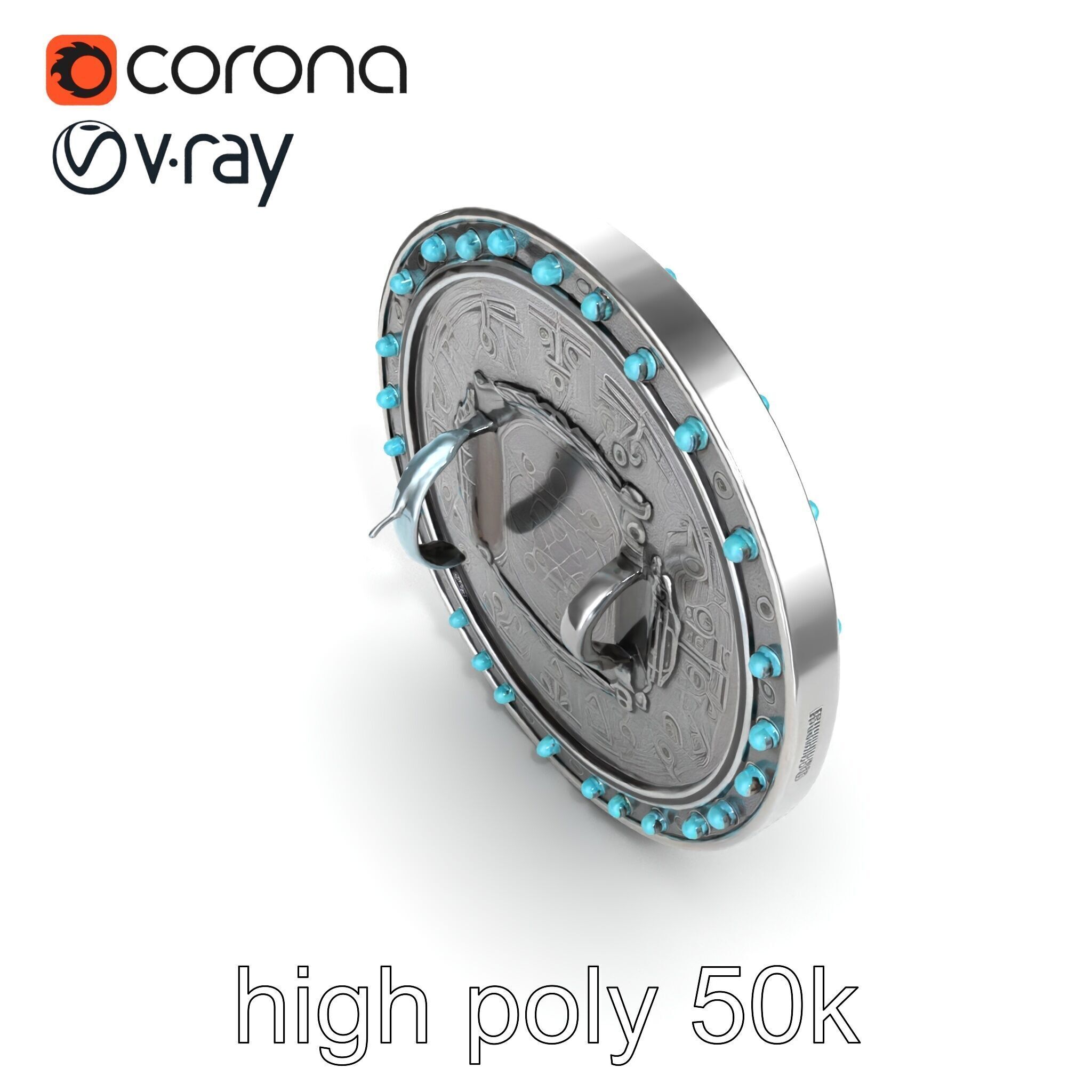 Magical Silver Shield with Turquoise Gemstones model pack Low-poly 3D model_30