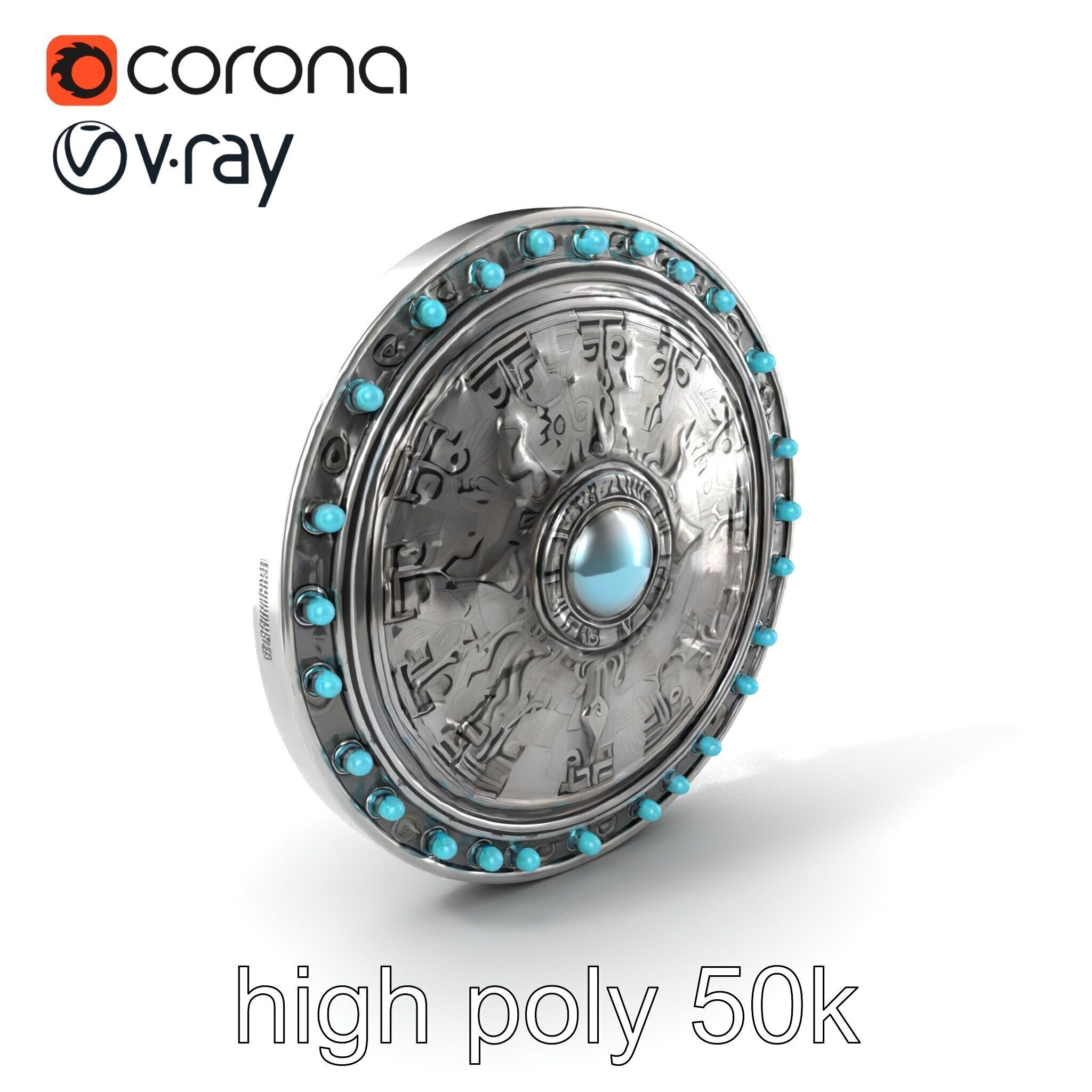 Magical Silver Shield with Turquoise Gemstones model pack Low-poly 3D model_2