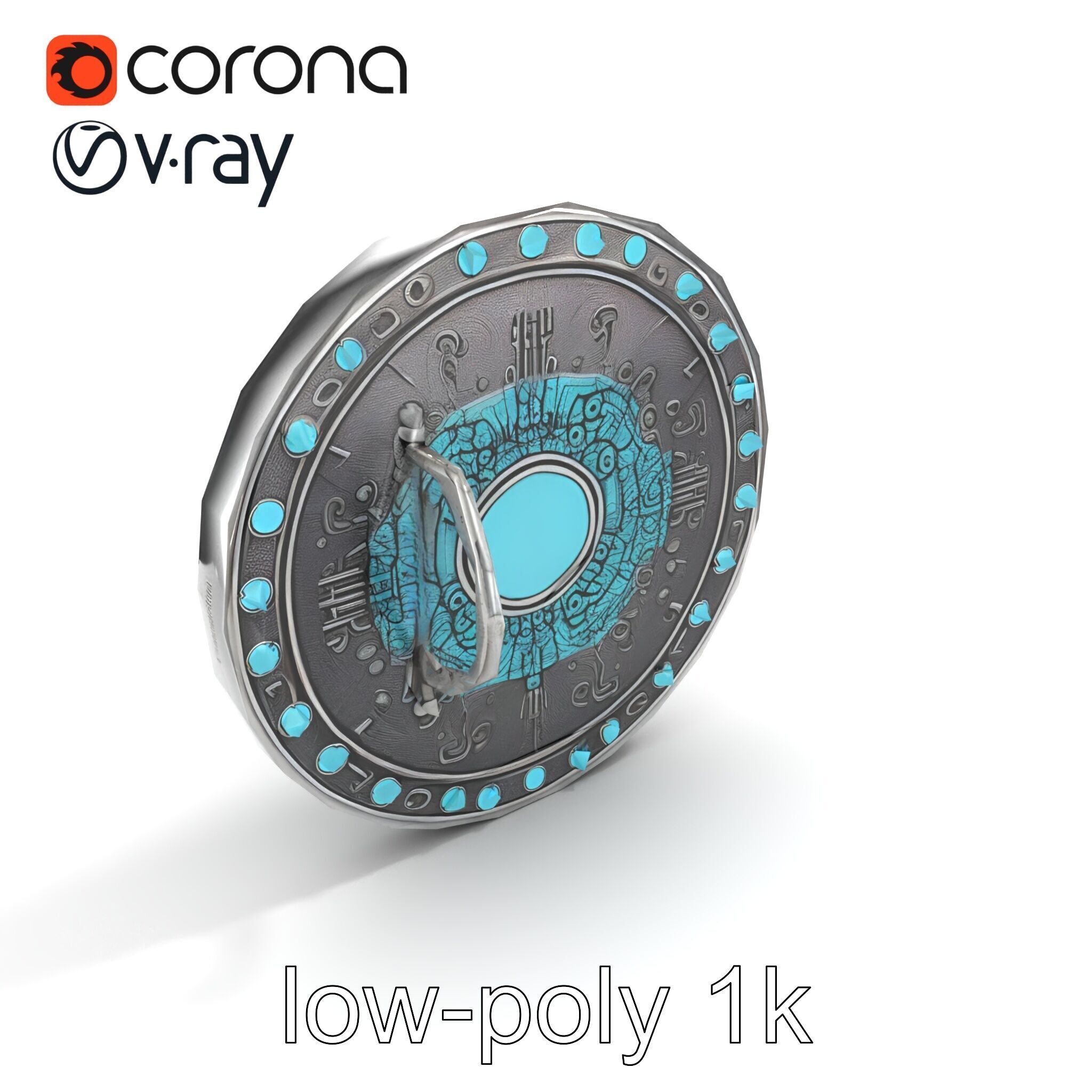 Magical Silver Shield with Turquoise Gemstones model pack Low-poly 3D model_9