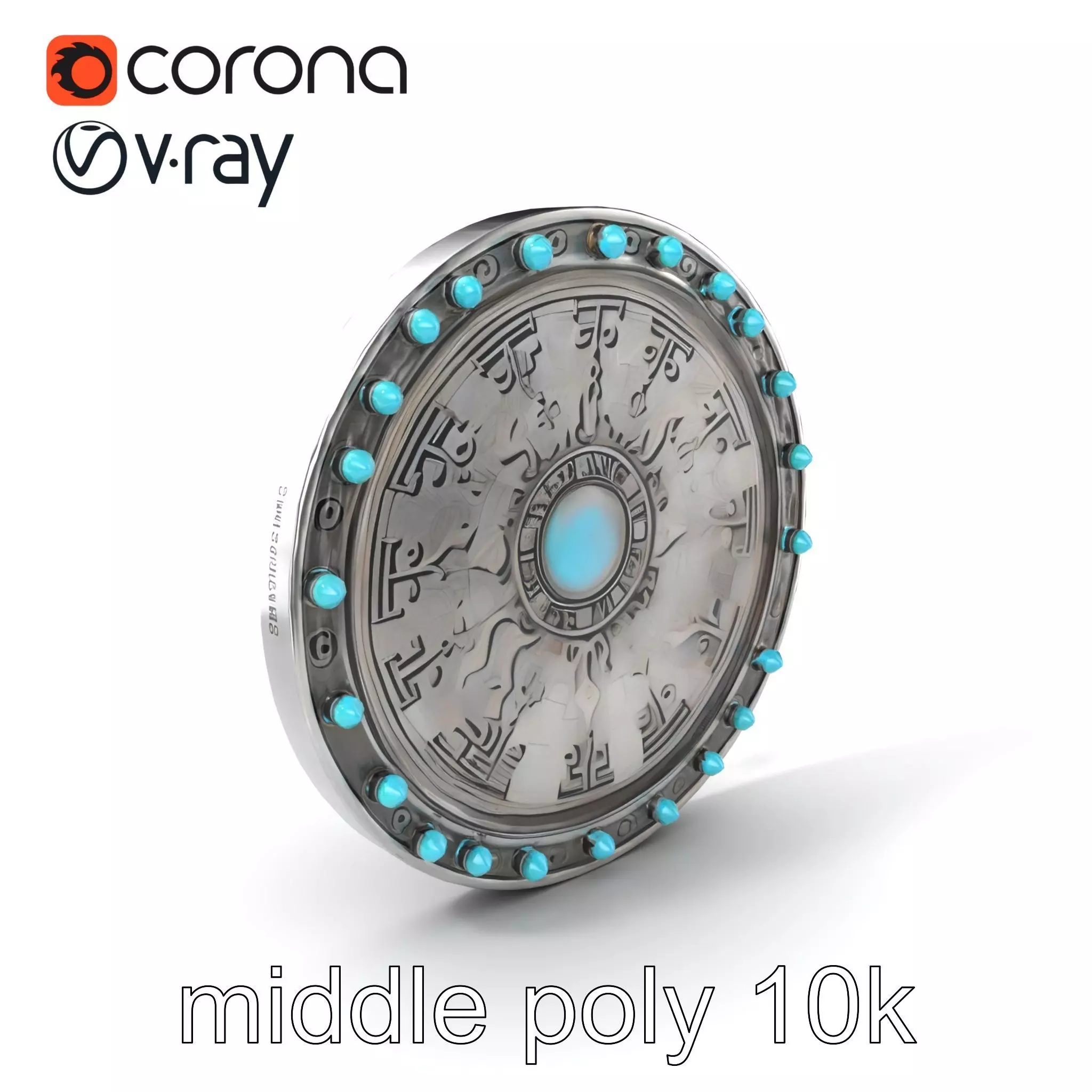 Magical Silver Shield with Turquoise Gemstones model pack Low-poly 3D model_0