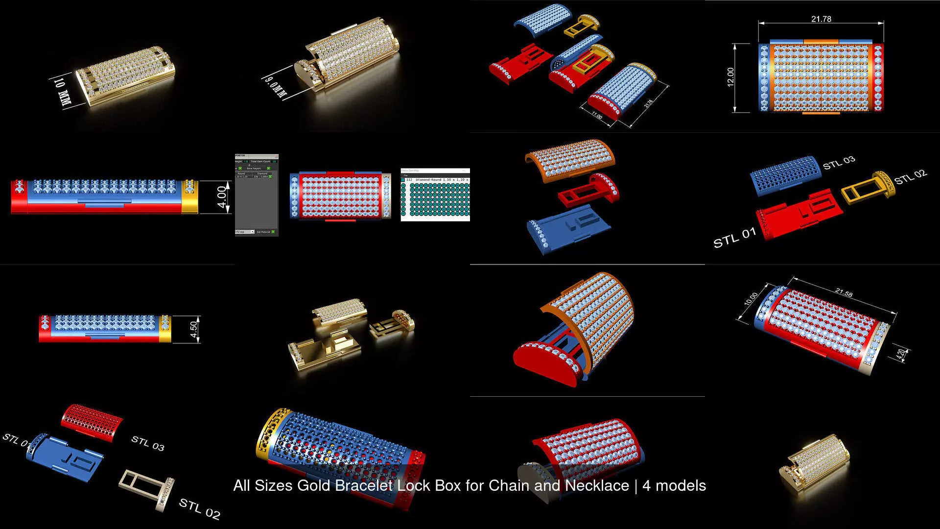 All Sizes Gold Bracelet Lock Box for Chain and Necklace 3D Model Collection_1