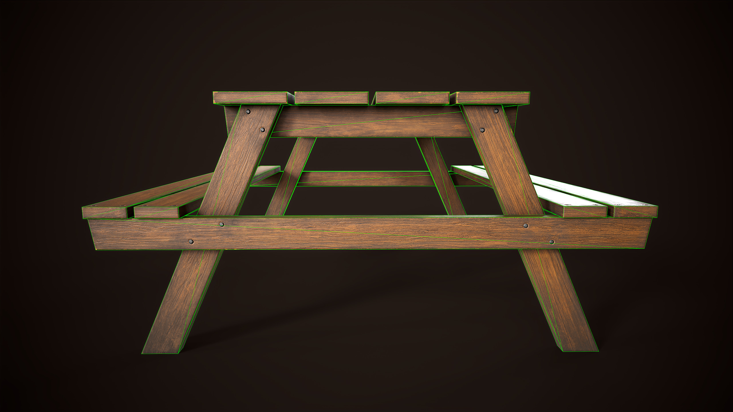 Wooden picnic table Low-poly 3D model_9