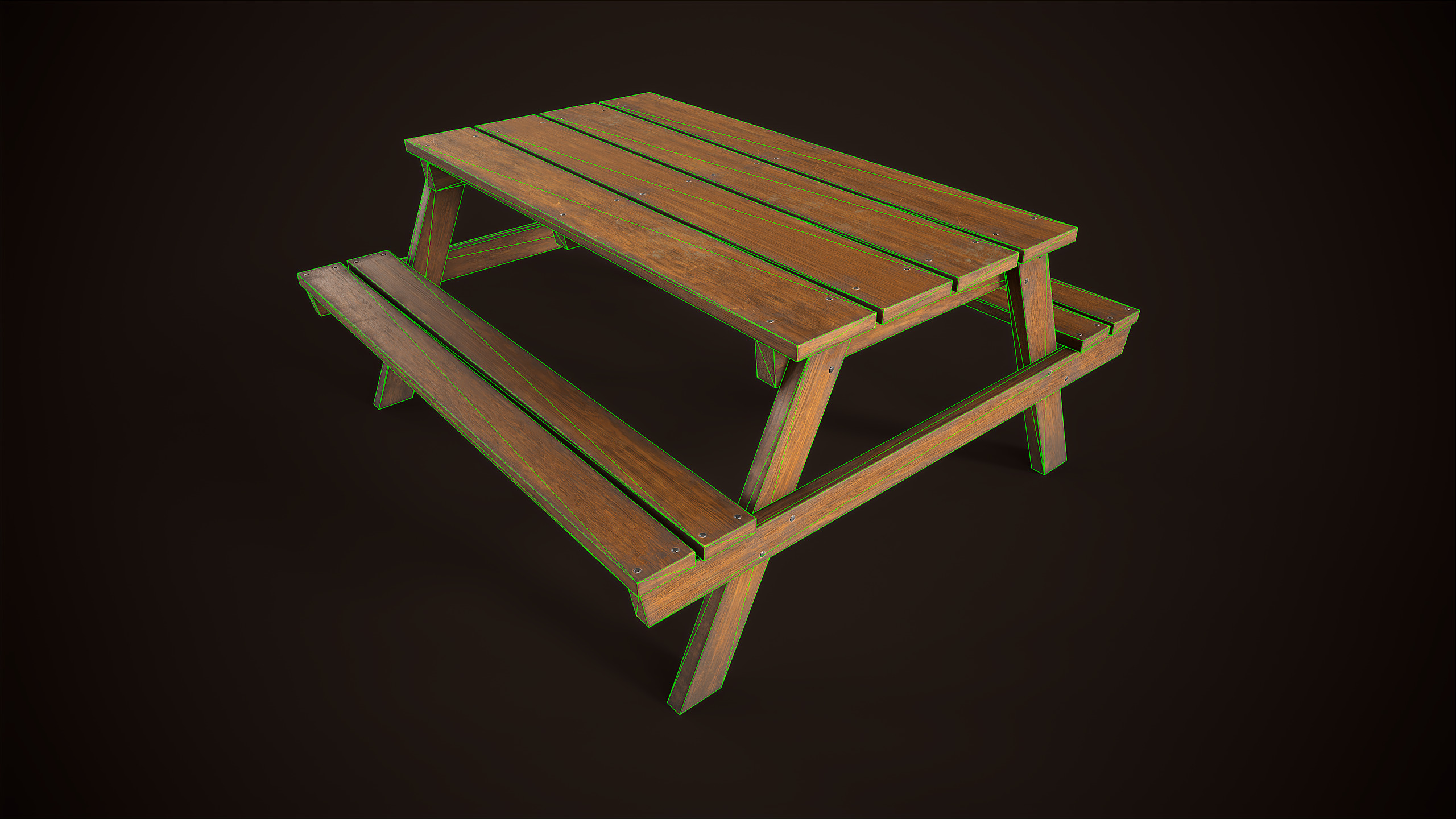 Wooden picnic table Low-poly 3D model_10