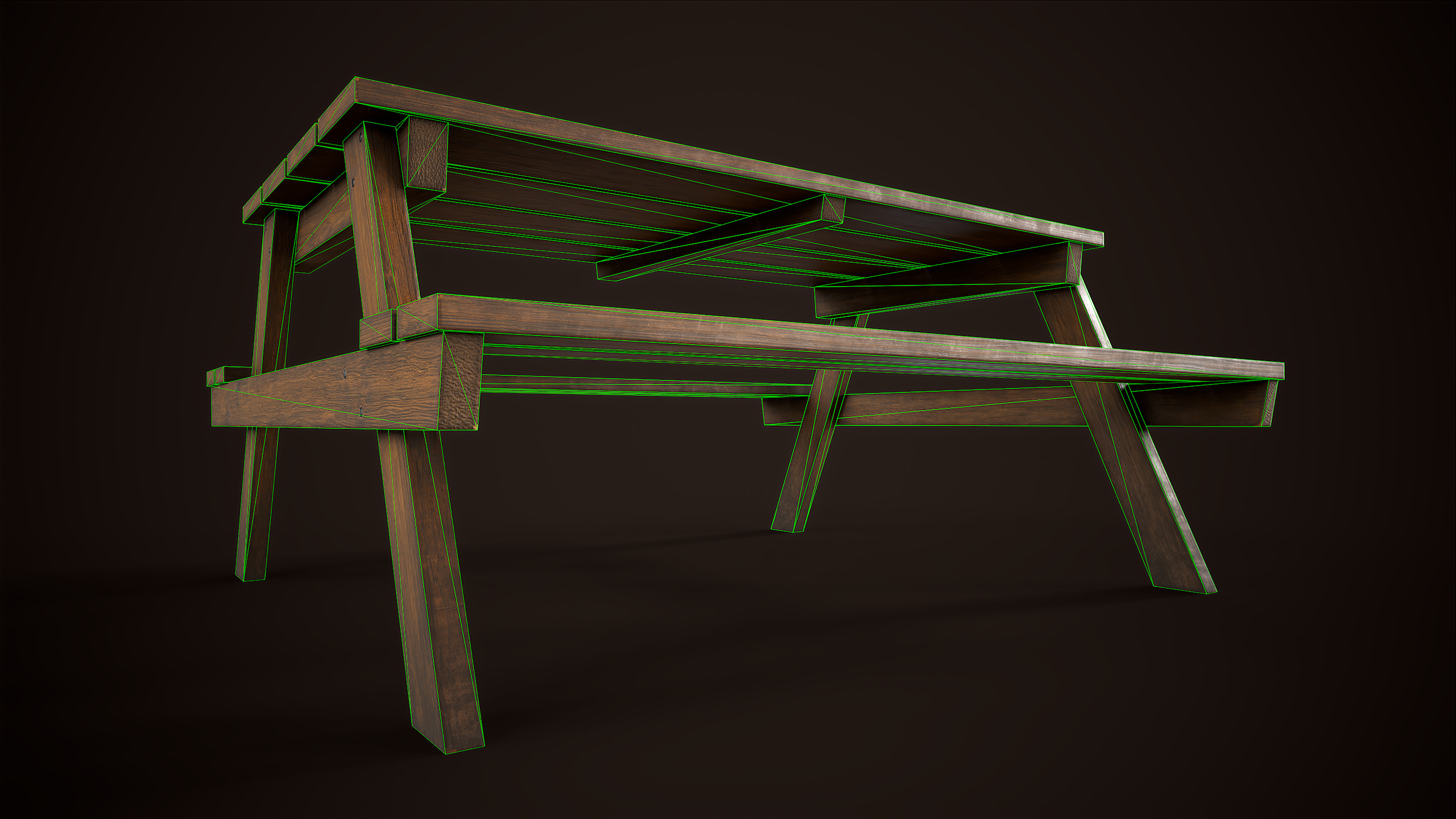 Wooden picnic table Low-poly 3D model_11