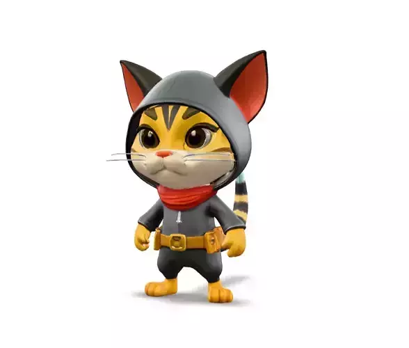 3D Thief Cat Character with Gray Suit and Golden Belt