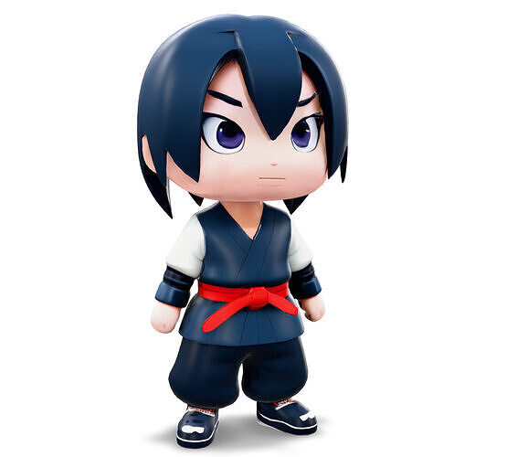 3D Chibi Ninja Boy Character with Blue Suit and Red Belt Low-poly 3D model