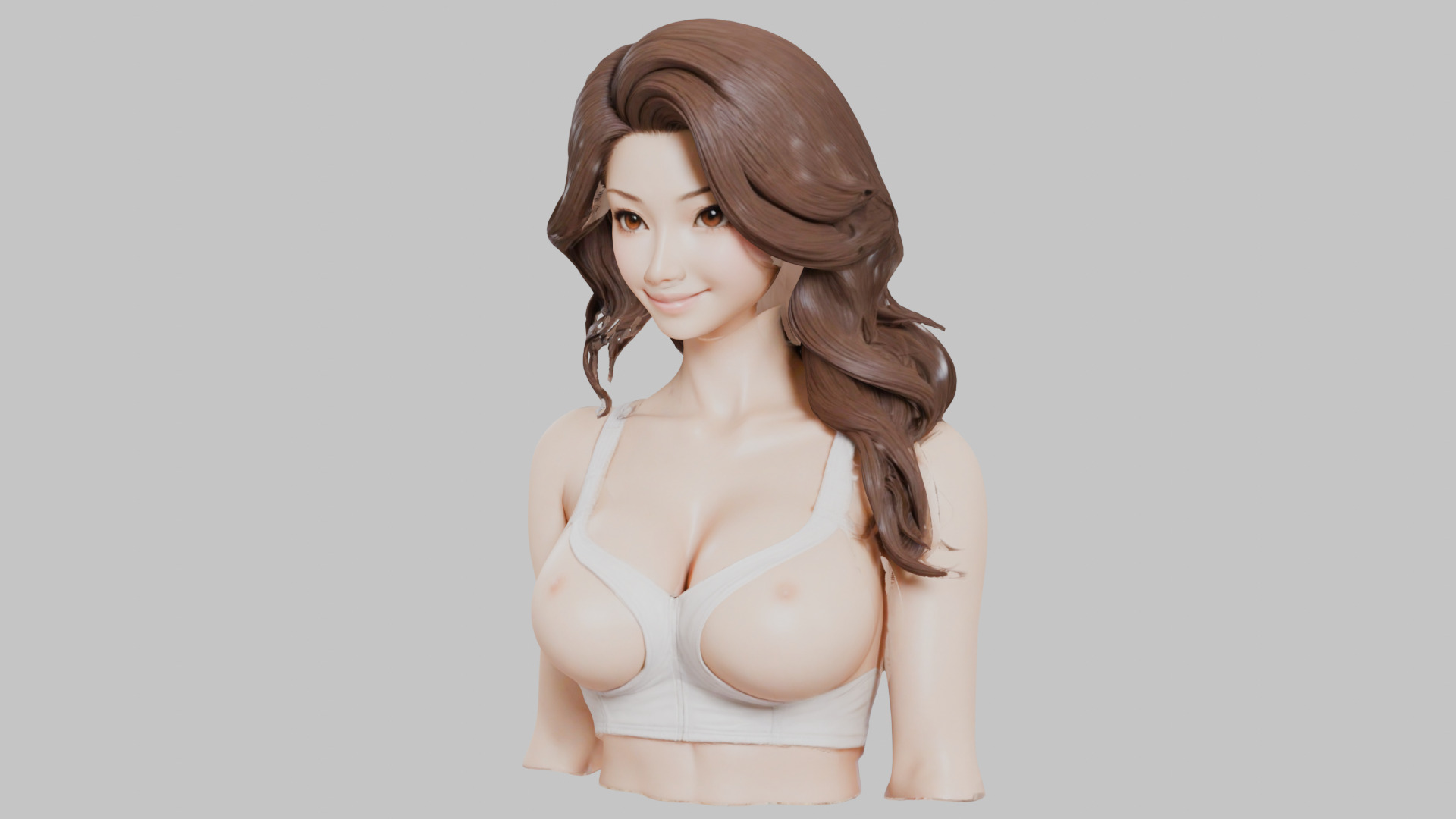 MidPoly Detailed Beautiful Busty Female Japanese Asian Head Bust Low-poly 3D model_7