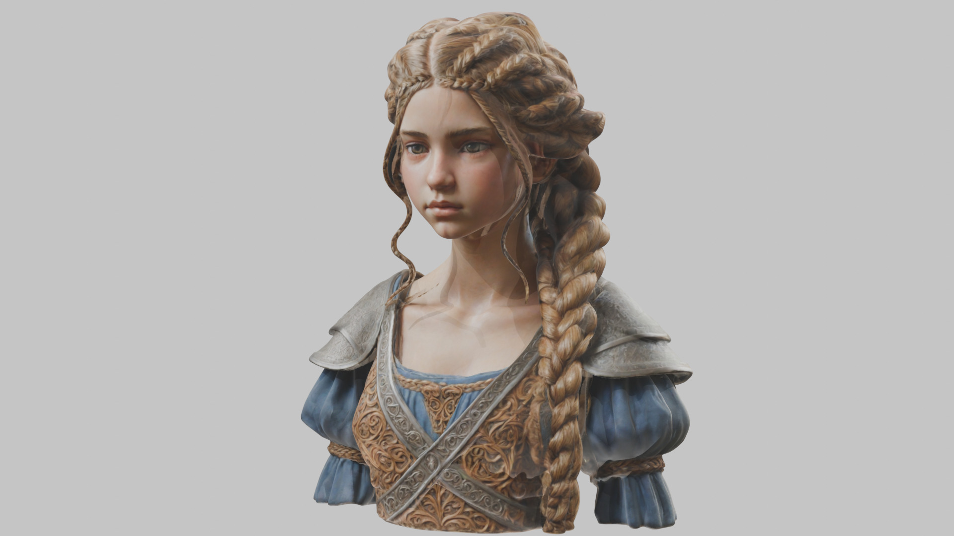 Intricate Medieval Dressed Detailed Blonde Girl Bust Low-poly 3D model_15